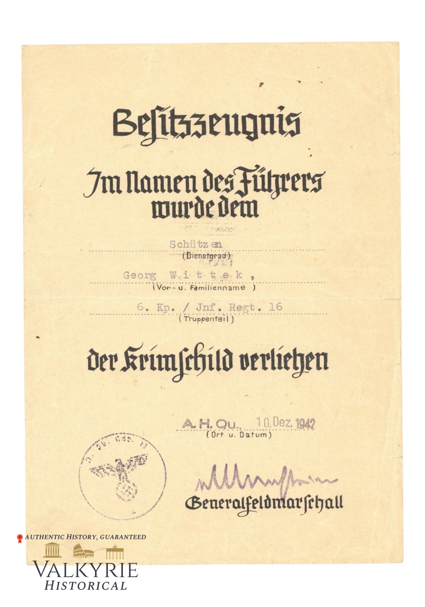 Rare Award Document of the Krim Schield to a German Soldier With v. Manstein's Facsimile Signature: Rare Award Document of the Krim Schield to a German Soldier With v. Manstein's Facsimile Signature. Issued in 1942. All items for this auction will be shipping from Europe. Shipping cost $20 it doesn'