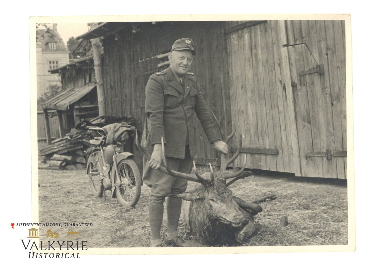 Period Photo of a Polish Soldier Holding the Horns of a Hunted Deer: Period Photo of a Polish Soldier Holding the Horns of a Hunted Deer. Big size photo 24 cm x 17cm. All items for this auction will be shipping from Europe. Shipping cost $20 it doesn't matter how many 