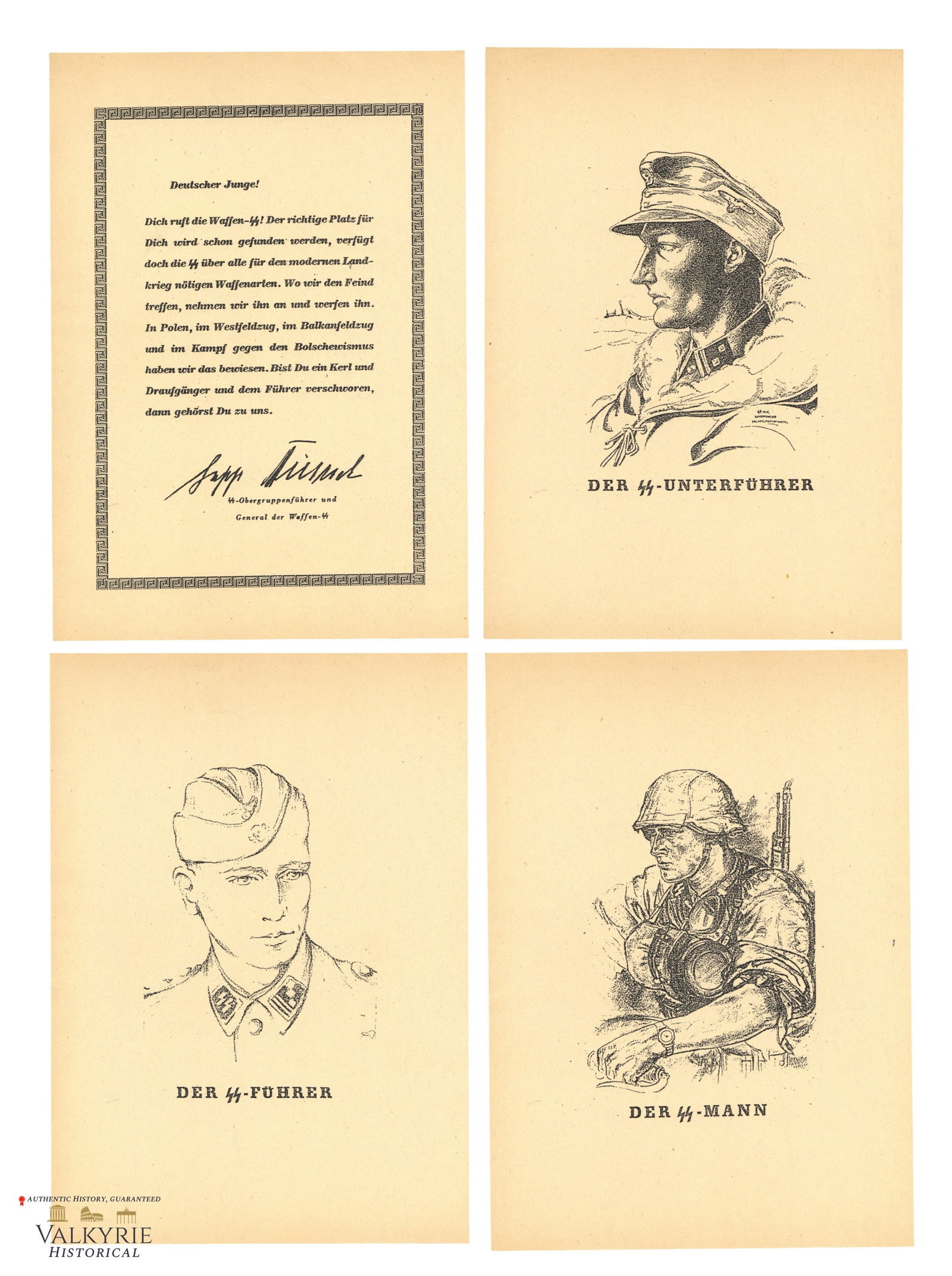 SS Propaganda Sheets to Call Young Germans to Enroll in the Waffen SS During WW2: SS Propaganda Sheets to Call Young Germans to Enroll in the Waffen SS During WW2. One has a message from the Waffen SS LAH General Sepp Dietrich encouraging German men to join the Waffen SS to fight f