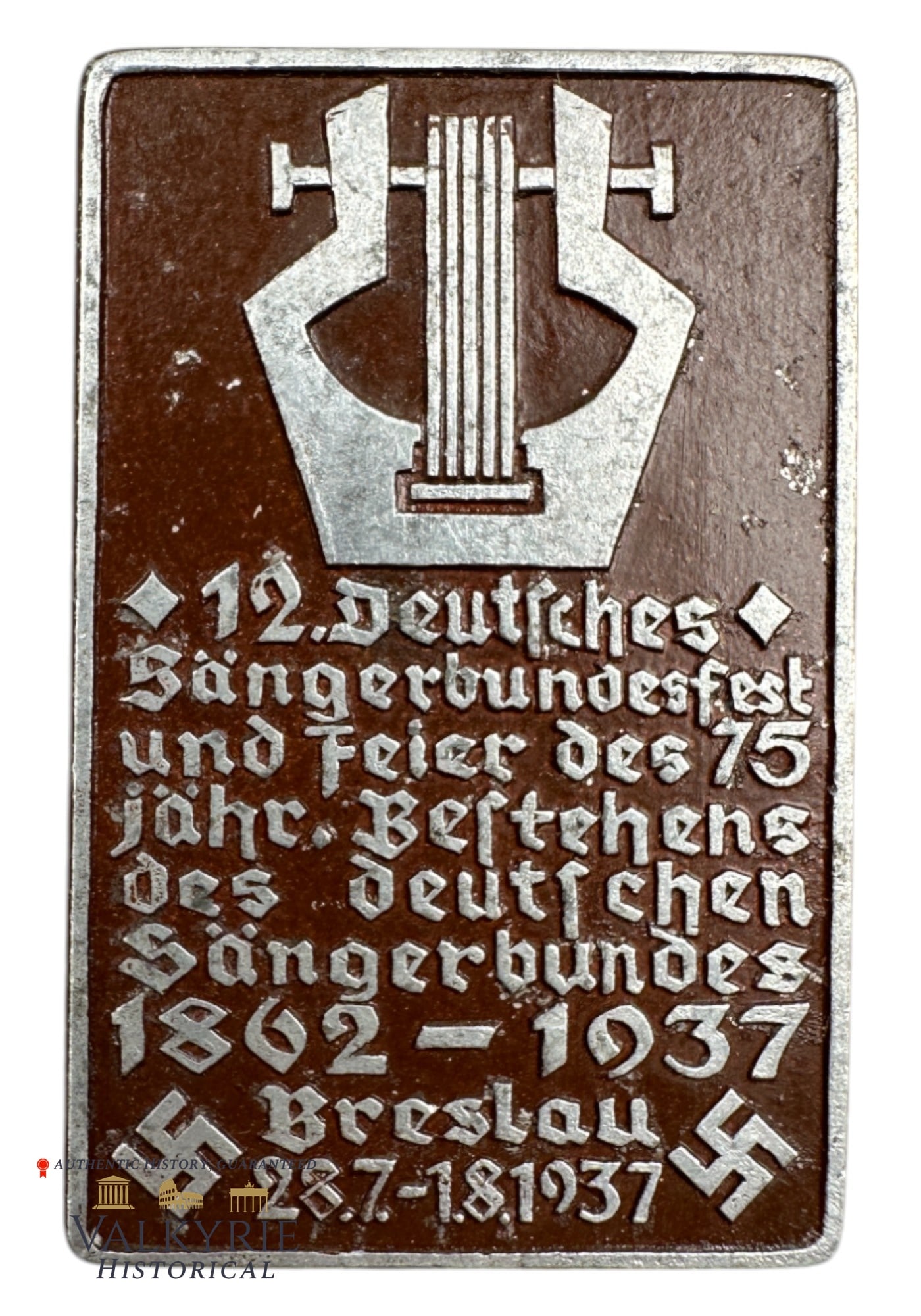 German Commemorative Metal Badge of 75th Anniversary of the German Singing League 1937: German Commemorative Metal Badge of 75th Anniversary of the German Singing League 1937. All items for this auction will be shipping from Europe. Shipping cost $20 it doesn't matter how many items you 