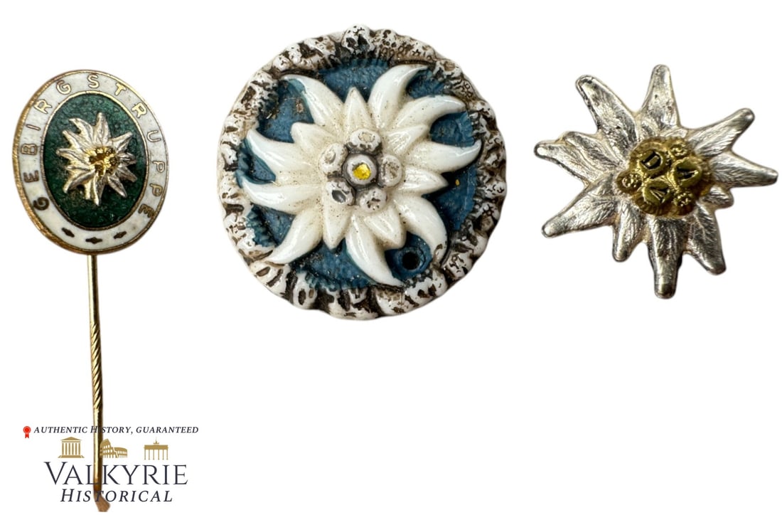 3 German Commemorative Badges With Edelweiss of the Mountain Troops or Gebirgsjaeger: 3 German Commemorative Badges With Edelweiss of the Mountain Troops or Gebirgsjaeger. All items for this auction will be shipping from Europe. Shipping cost $20 it doesn't matter how many items you wi