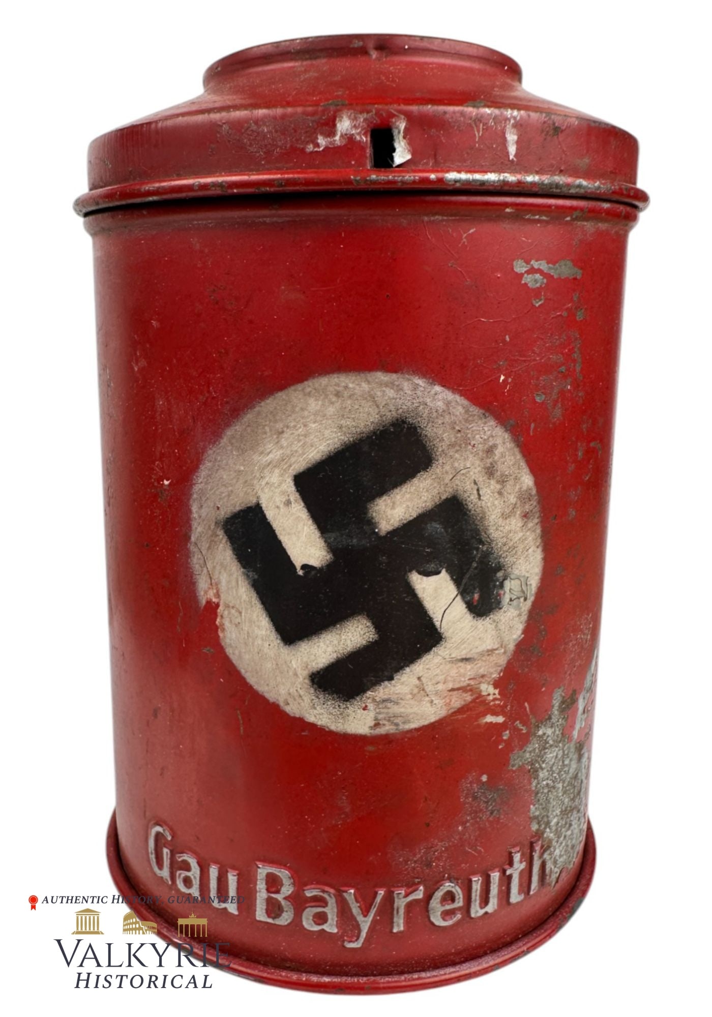 Nazi Period Donation Tin From Gau Bayreuth Probably For Charity or WHW: Nazi Period Donation Tin From Gau Bayreuth Probably For Charity or WHW. Tin preserves almost all the red paint and the swastika inside the white circle. It has a hole for banknotes and a slot for coin