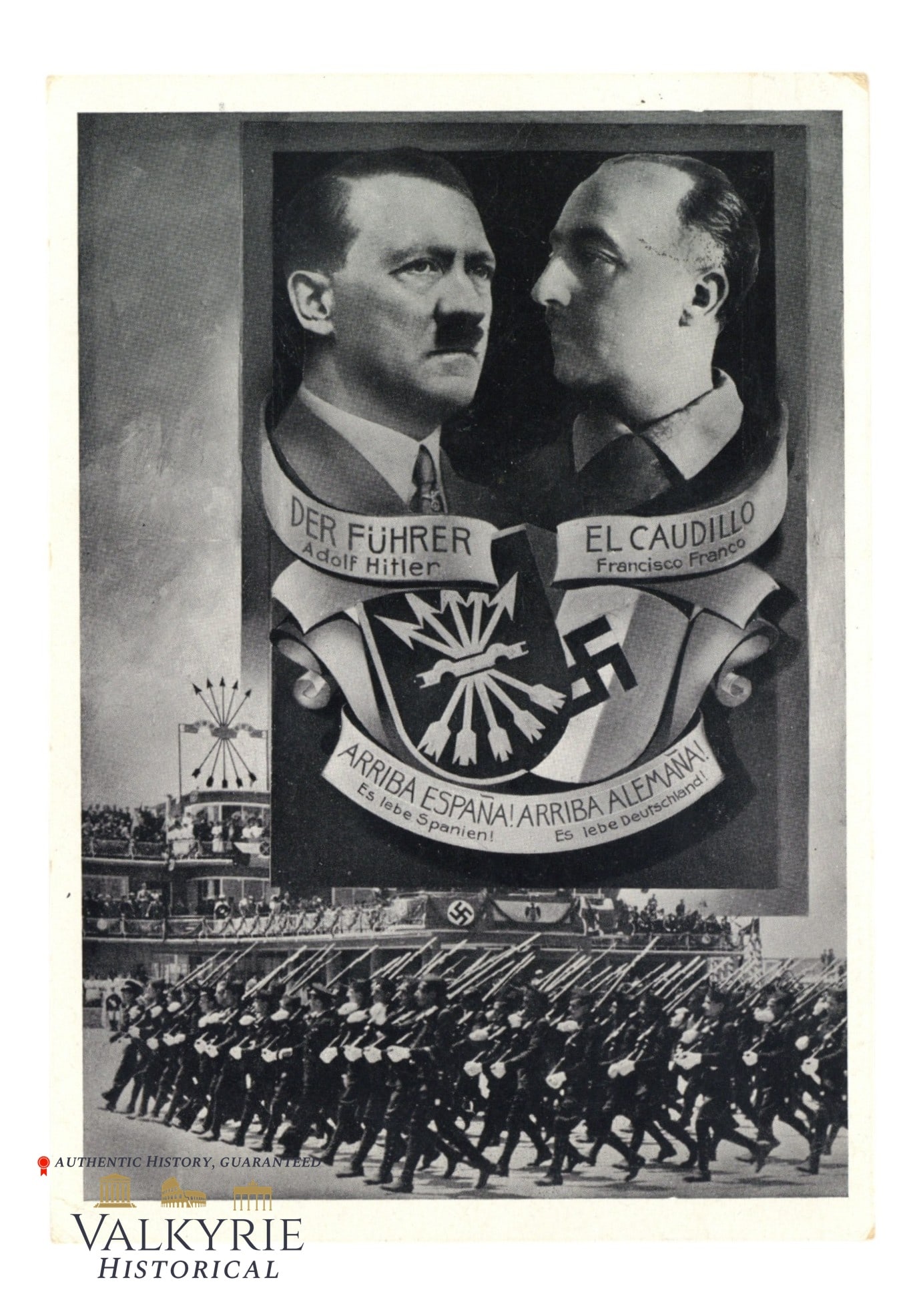 German Commemorative Postcard of the Return of the Legion Condor From Spain to Germany in 1939: German Commemorative Postcard of the Return of the Legion Condor From Spain to Germany in 1939. Adolf Hitler and Francisco Franco in the Photo. 2 coutries against communism. Non-circulated. All items
