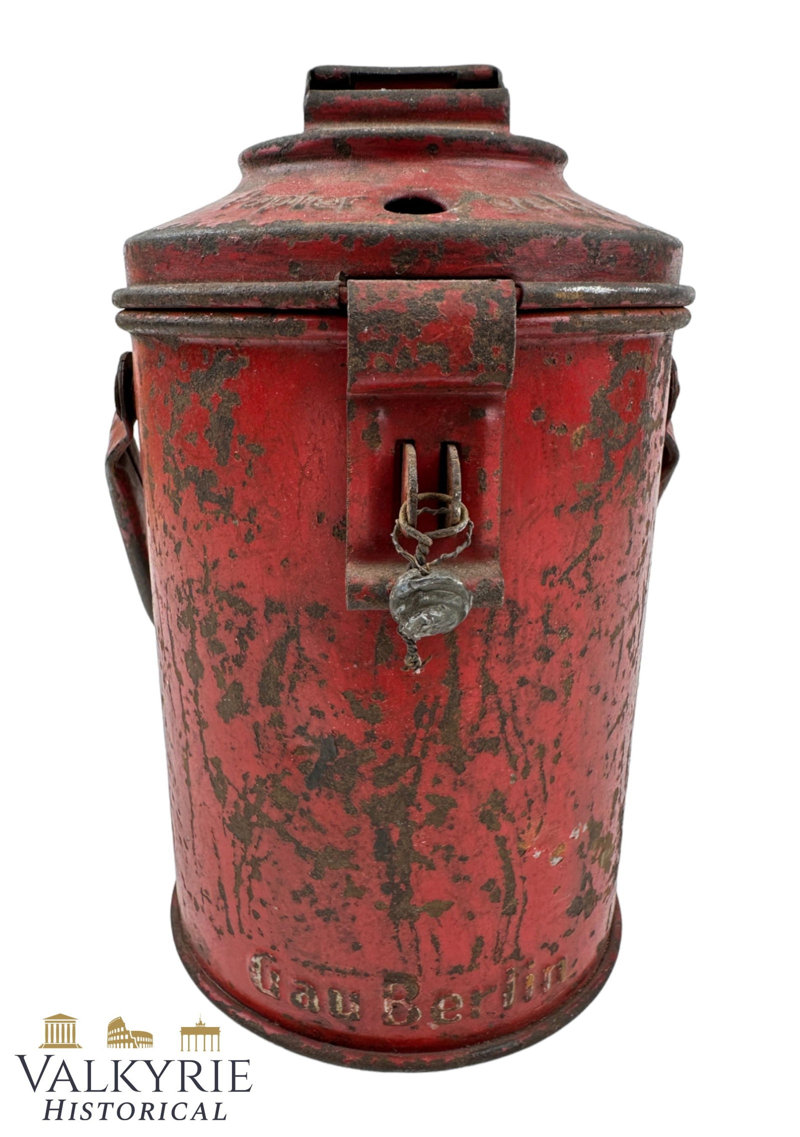 Donation Tin of the Winterhilfswerk (WHW) - Gau Berlin: Donation Tin of the Winterhilfswerk (WHW) of the Gau Berlin. With a slot for coins and another one for banknotes. Manufacturer name "WESCO" on the bottom. Still with the original security lead seal. A