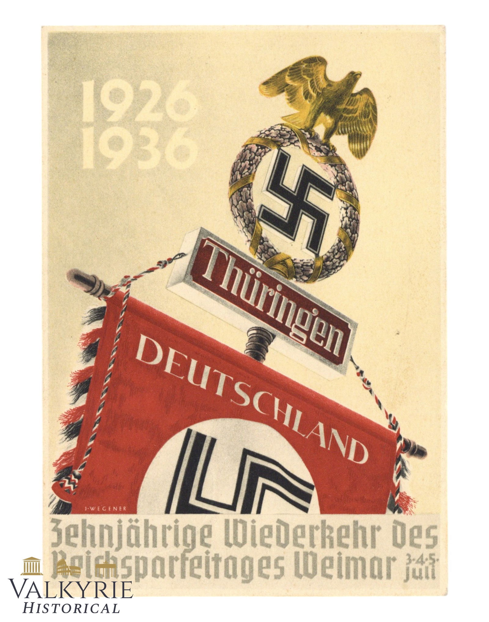 Commemorative Postcard of the 10th Anniversary of Celebration of Reichsparteitag in Weimar 1936: German Commemorative Postcard of the 10th Anniversary of the Celebration of the NSDAP Reichsparteitag in Weimar. 1926-1936. Beautiful artwork. Circulated. All items for this auction will be shipping f