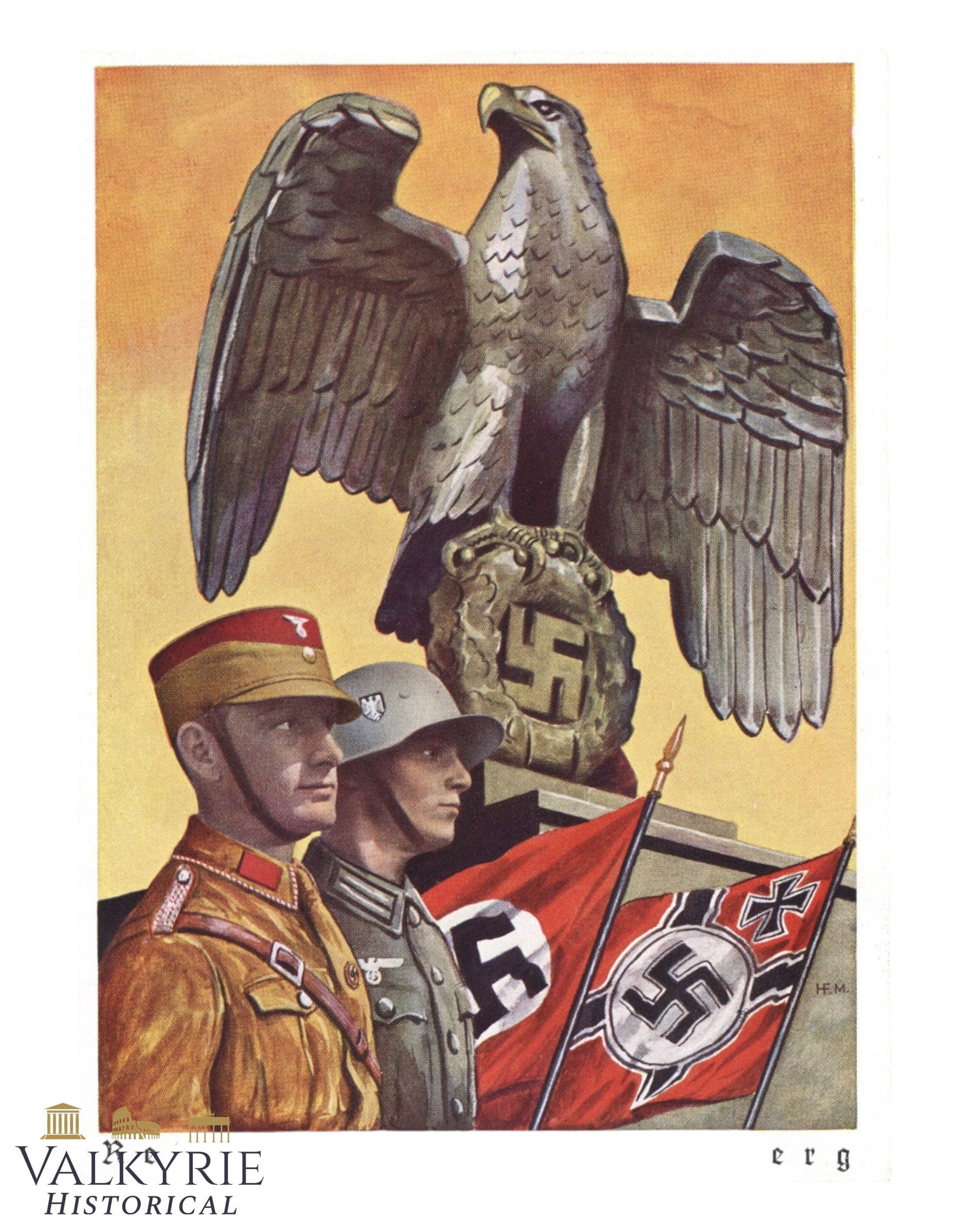Nazi Propaganda Postcard With Nuremberg Eagle and Wehrmacht and SA Allegoric Artwork: Nazi Propaganda Postcard With Nuremberg Eagle and Wehrmacht and SA Allegoric Artwork. Non-circulated. All items for this auction will be shipping from Europe. Shipping cost $20 it doesn't matter how m