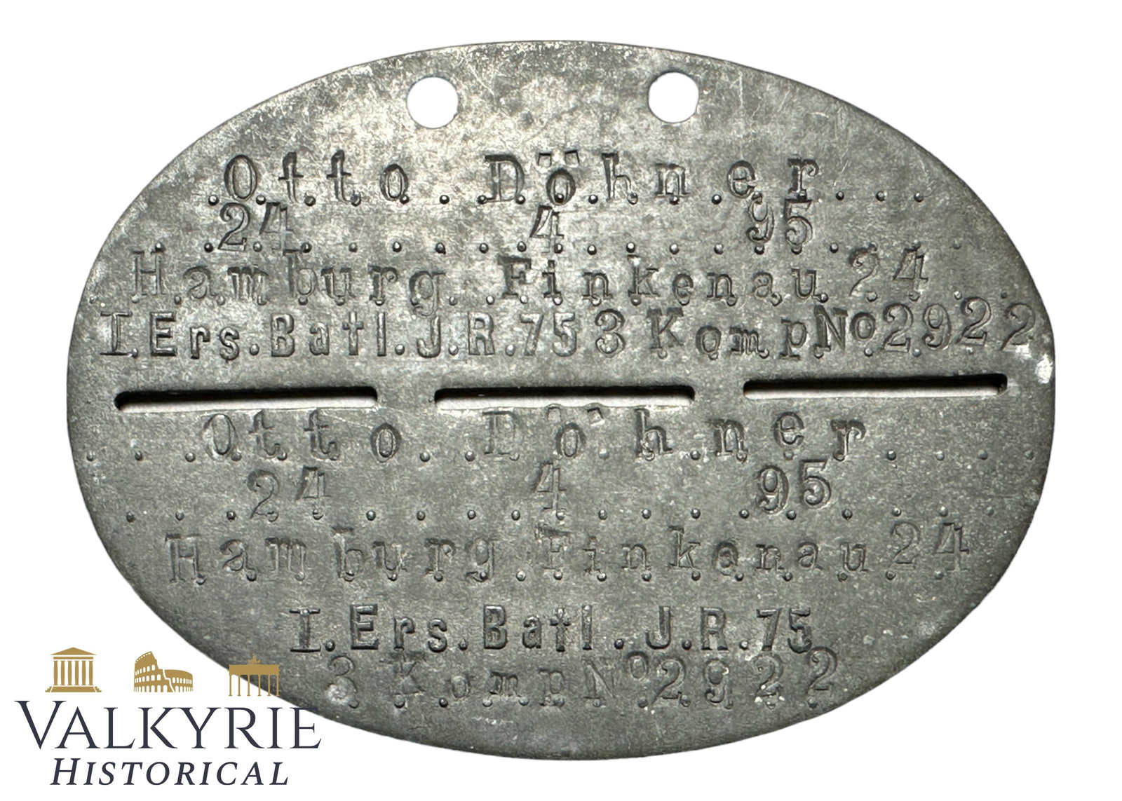 WW1 Period German Soldier's ID Tag "1st Replacement Battalion of the Infantry Regiment 75": WW1 Period German Soldier's ID Tag "1st Replacement Battalion of the Infantry Regiment 75". In perfect condition and complete. With the name of the soldier and his hometown and personal information st