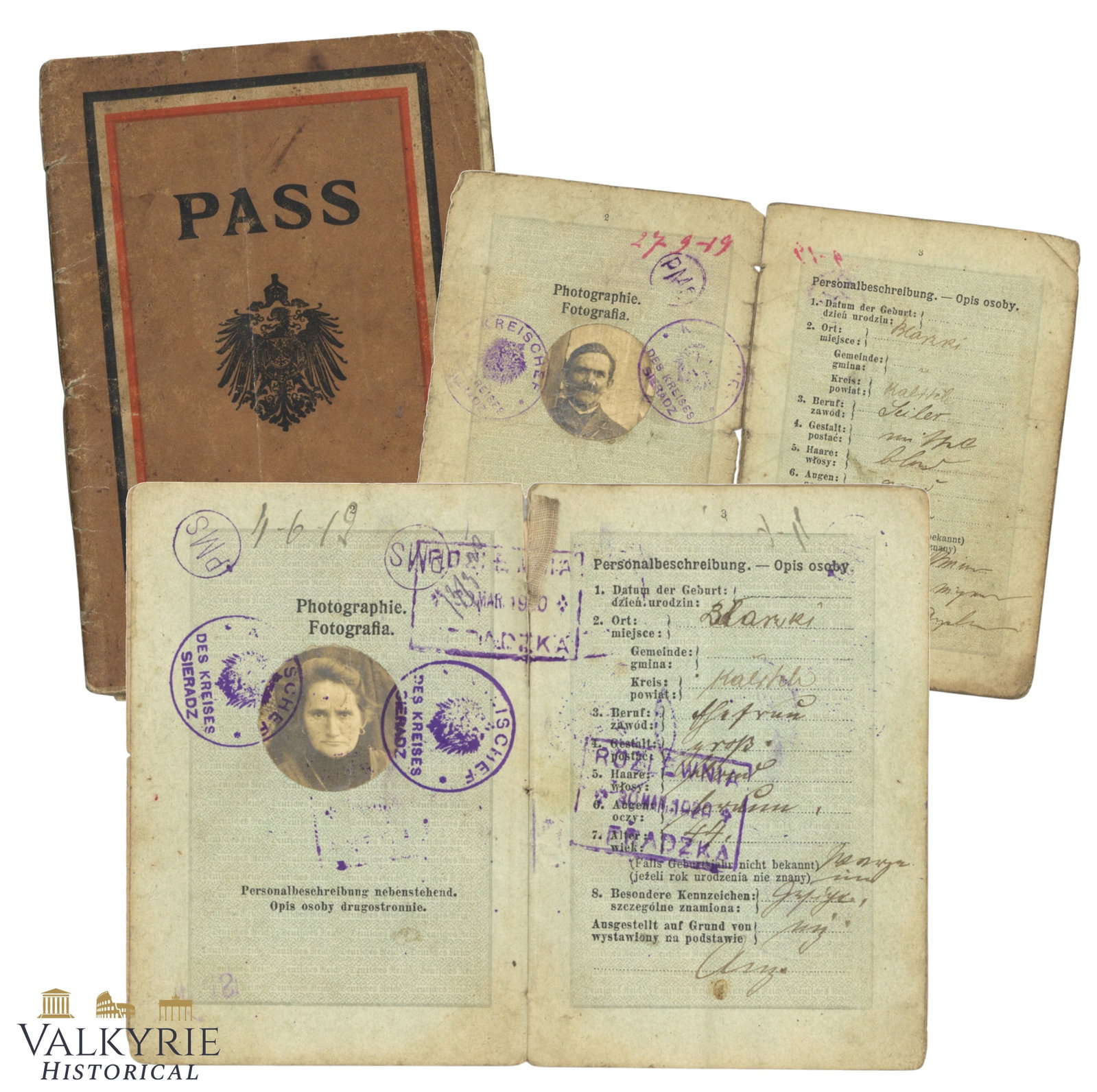 Passport Issued to a Polish Woman and Husband in 1915 by Austro-Hungarian Empire: Passport Issued to a Polish Woman and Husband in 1915 by Austro-Hungarian Empire. Couple lived in the Austro-Hungarian Polish city o Sieradz. Some entries and photos of the owners. All items for this 