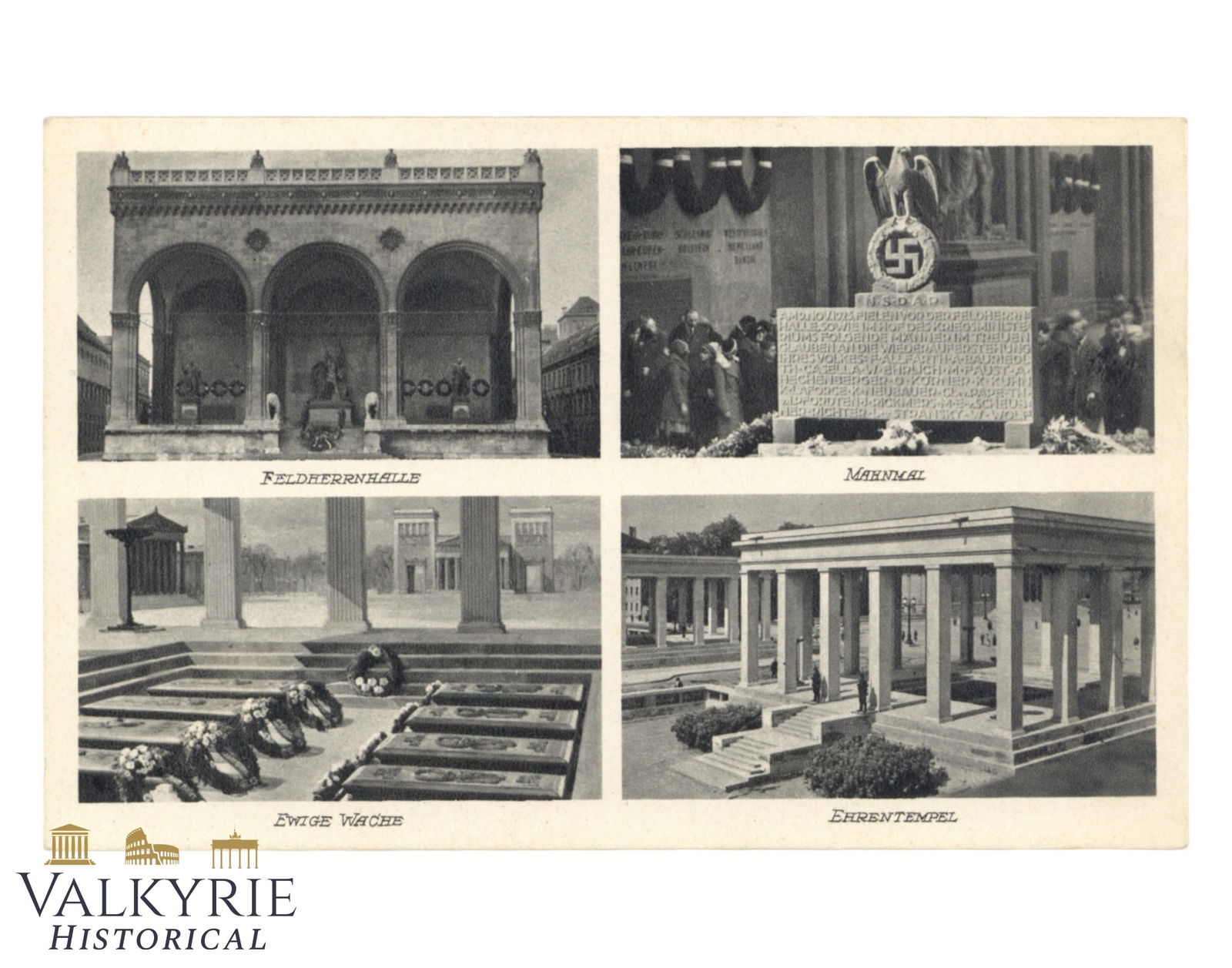 German Postcard With Photos of the Memorials of the Nazi Putsch of Munich of 1923: German Postcard With Photos of the Memorials of the Nazi Putsch of Munich of 1923. Feldherrnhalle, Ehrentempel, Mahnmal and the Eternal Guard. Non-circulated. All items for this auction will be shippi