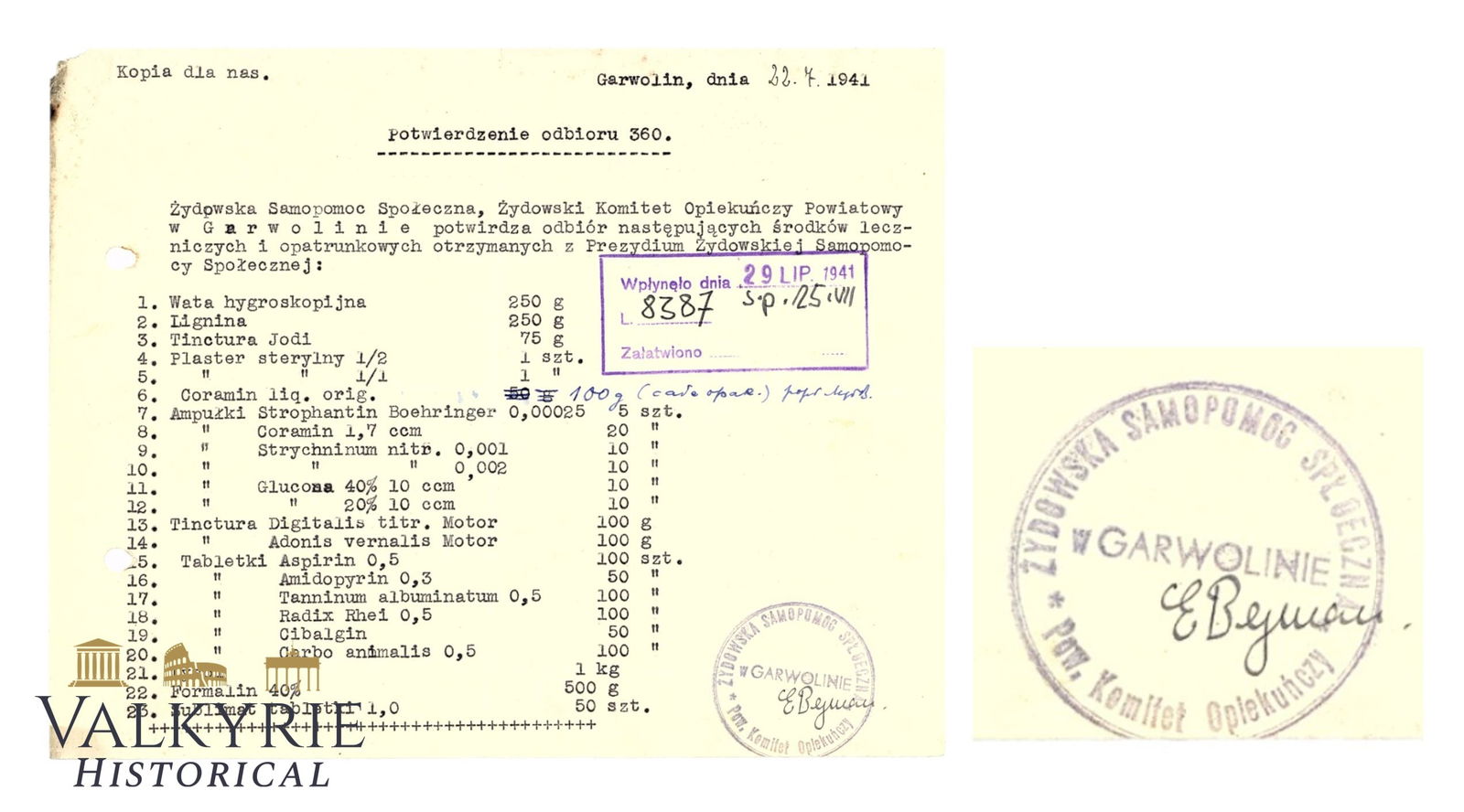 Document of the Jewish Ghetto of Garwolin in Poland Confirming Reception of Some Medicines 1941 (1 of 3)