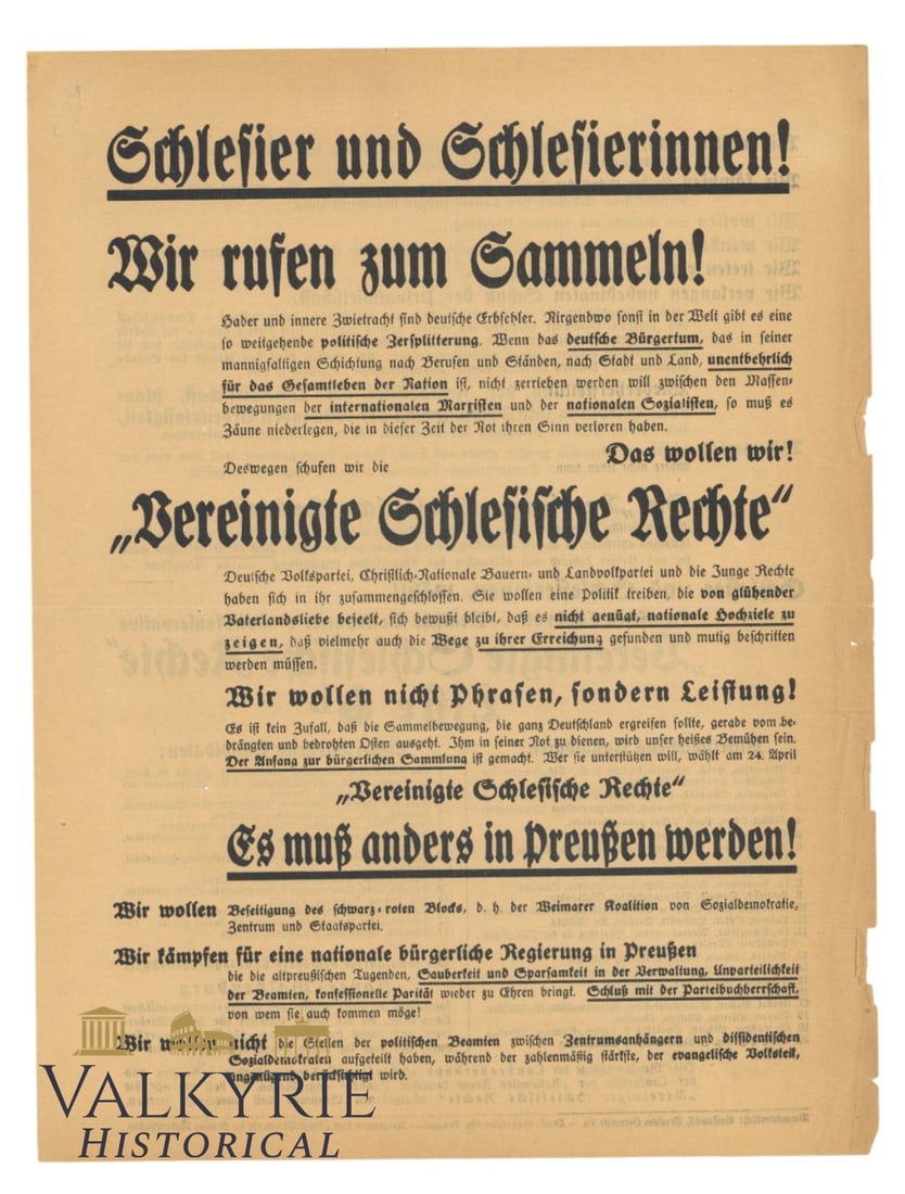 Electoral Propaganda Leaflet of the United Silesian Right Party "It Must Be Different in Prussia!" (1 of 2)