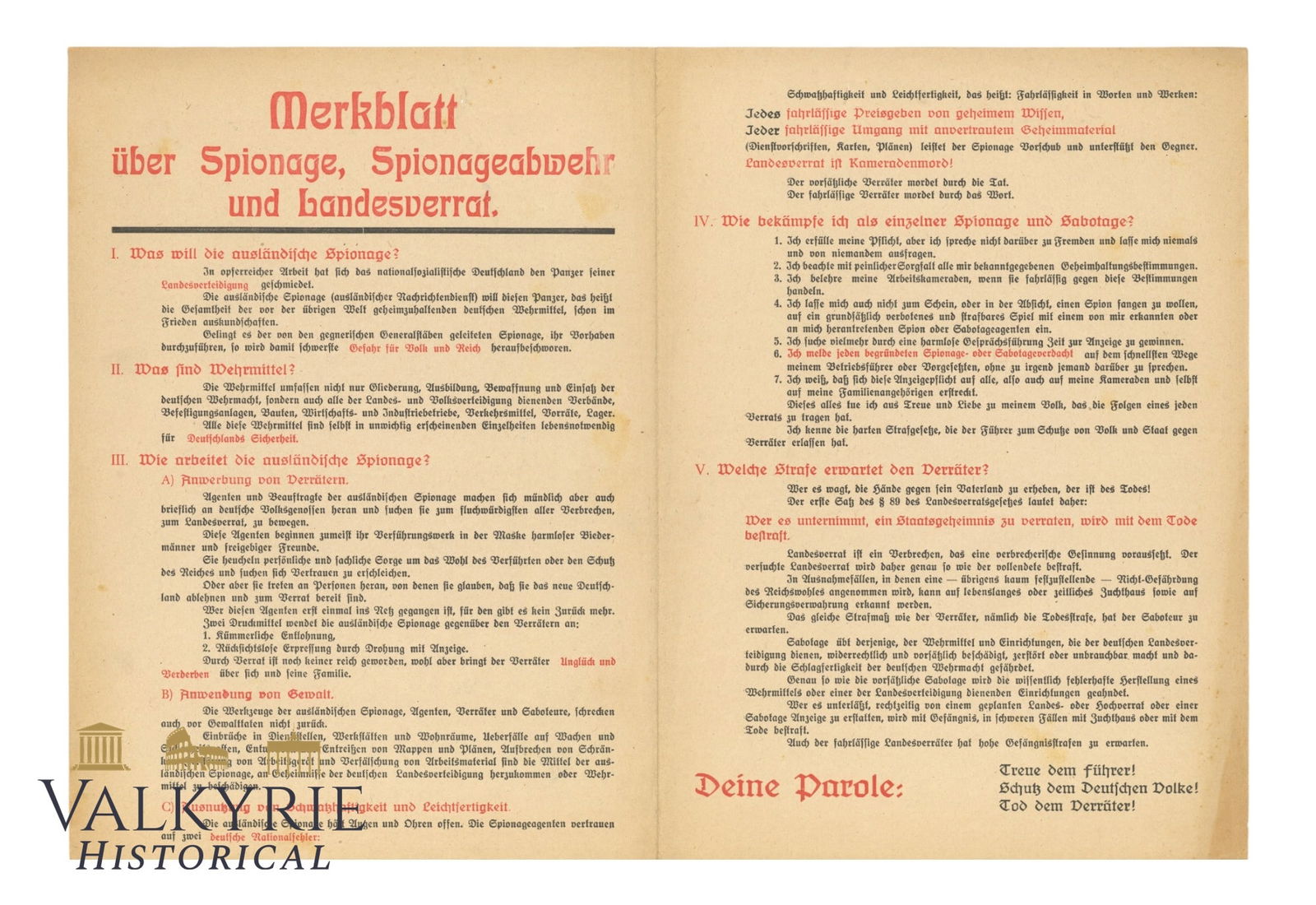German Leaflet Entitled "Leaflet About Espionage, Counterintelligence and Treason" (1 of 3)