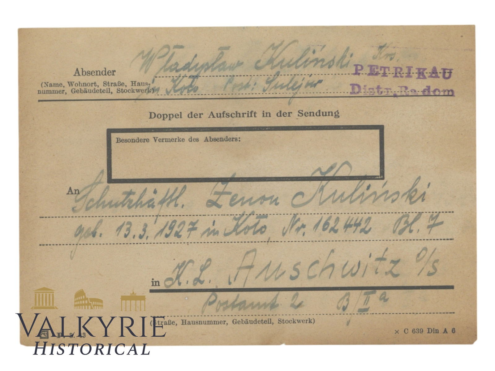 Post Parcel Shipping Receipt of a Packet Sent to a Polish Prisoner in KL Auschwitz (1 of 2)