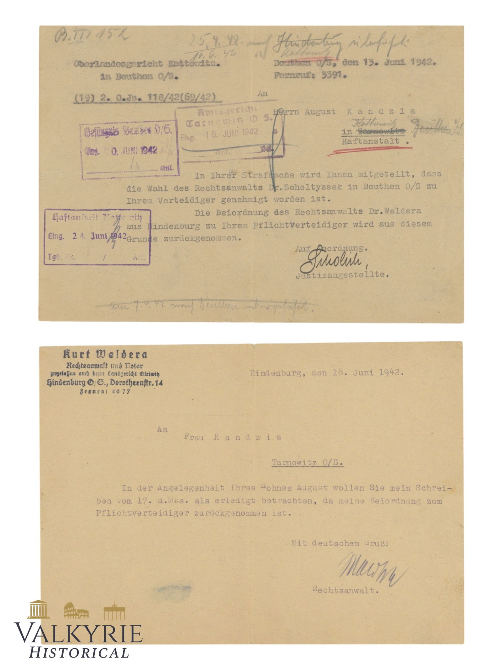 2 Documents of the Nazi Period in Kattowitz Regarding an Attorney and Legal Process - 1942: 2 Documents of the Nazi Period in Kattowitz Regarding an Attorney and Legal Process - 1942. One is a letter that says it was approved the defense attorney was approved and the other is a letter of the