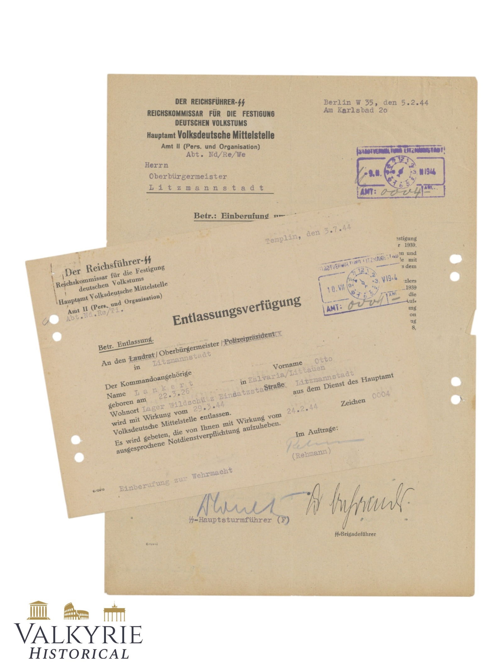 2 Documents Related to the Main Office of the Coordination Center For Ethnic Germans 1944 (1 of 6)