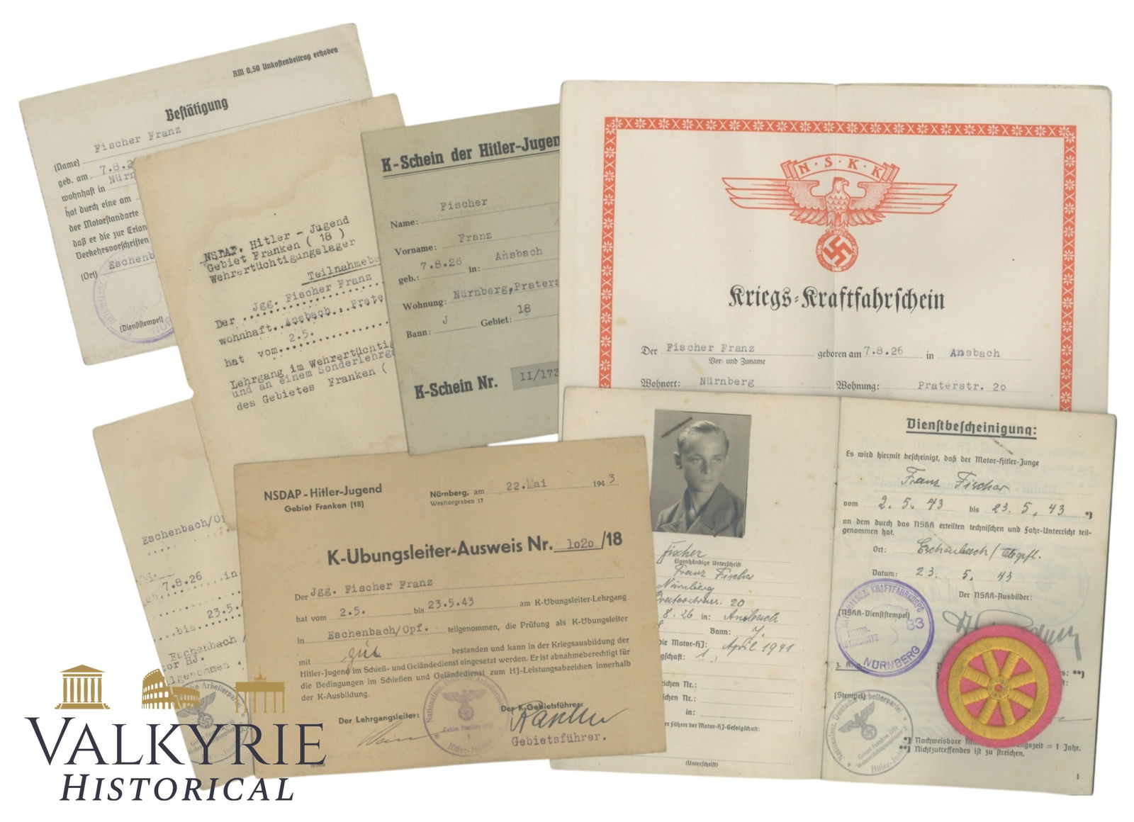 Nice Paper Set That Belonged to a Hitler Jugend Member - IDs - Patch (examination badge very rare ): Nice Paper Set That Belonged to a Hitler Jugend Member - IDs - Patch - Certifications. Set comprises amongst other items: K-Schein, wartime motor vehicle license certificate of training of the Motor-H