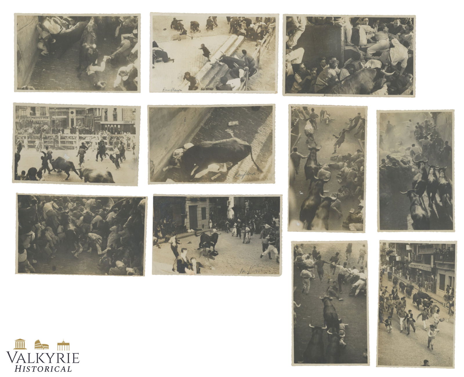 Set of Photos Taken in Pamplona - Spain During the Celebrations of San Fermin Depicting Encierros: Set of Photos Taken in Pamplona - Spain During the Celebrations of San Fermin Depicting Encierros. Taken from above with people running in front of the bulls. With photographer ink stamp on the revers