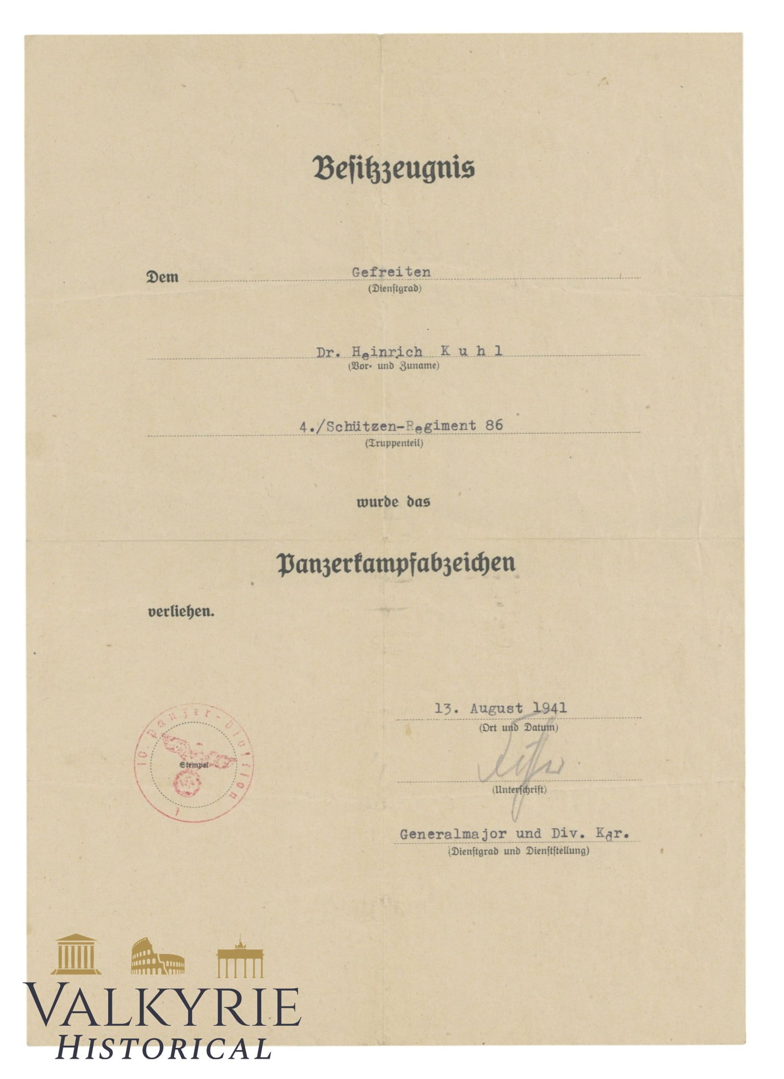 German Award Document of the Panzer Assault Badge Issued in 1941 to a Wehrmacht Gefreiter: German Award Document of the Panzer Assault Badge Issued in 1941 to a Wehrmacht Gefreiter. WW2 period big size . All items for this auction will be shipping from Europe. Shipping cost $25 it doesn't m