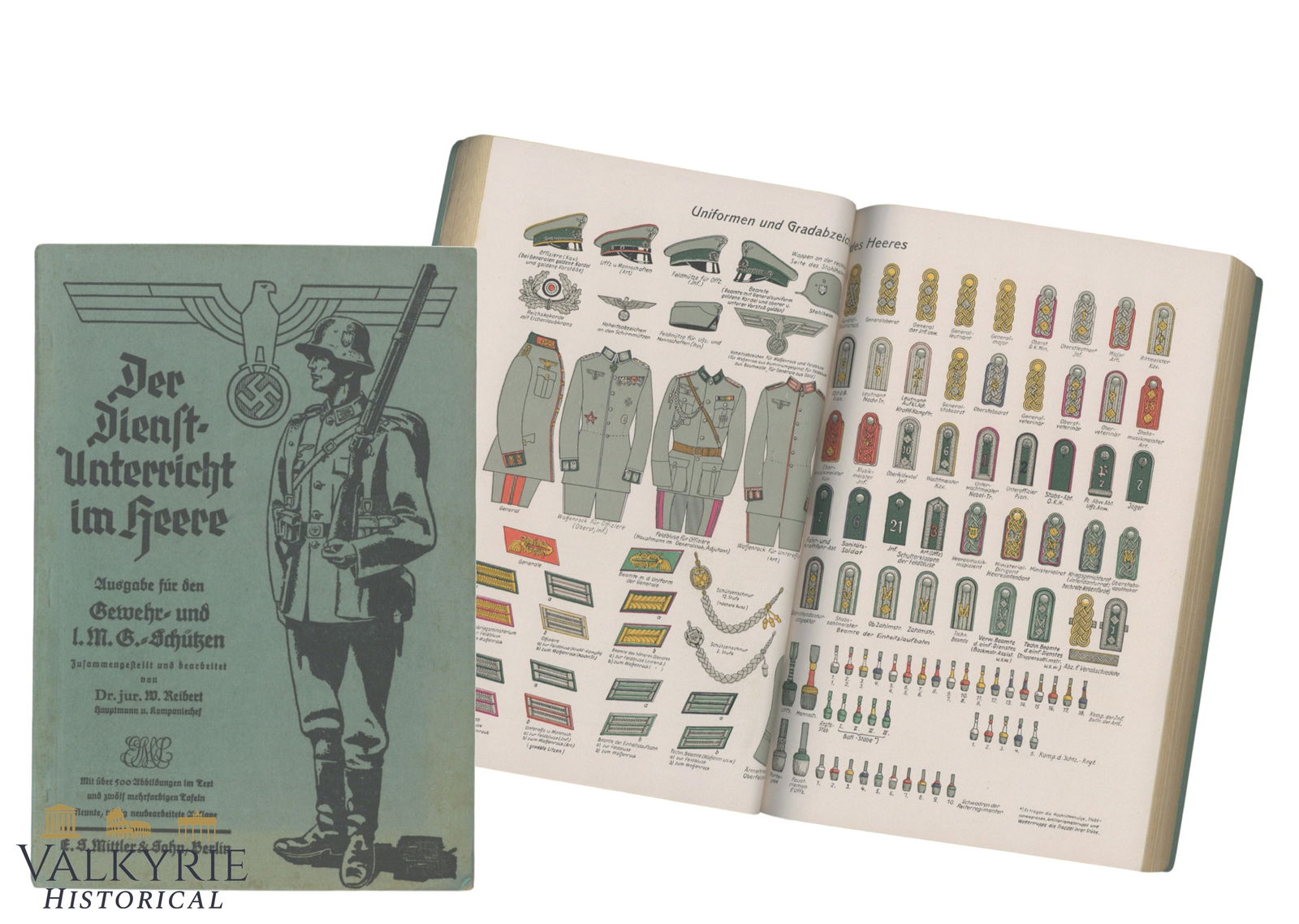 German Wehrmacht Instruction Manual "Der Deutschunterricht im Heere. Gewher u. l.M.G. Schutze": German Wehrmacht Instruction Manual "Der Deutschunterricht im Heere. Gewher u. l.M.G. Schutze". By Reibert. Soft cover. Full of colour sheets with insignia, uniforms, flags, ranks, etc. Very illustrat