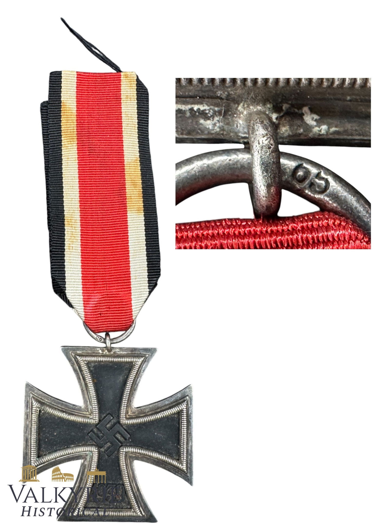 German WW2 Period Iron Cross 2nd Class With Ribbon - Maker Marked 65: German WW2 Period Iron Cross 2nd Class With Ribbon - Maker Marked 65 for manufacturer "Klein & Quenzer". Ribbon has some stains on the reverse. All items for this auction will be shipping from Europe.