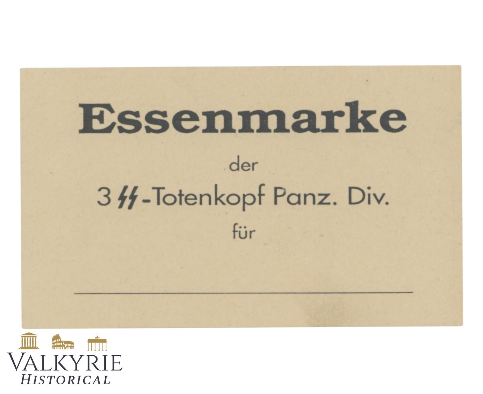 Unissued 3. SS Totenkopf Panzer Division Token For Meal Probably in Headquarters Canteen: Unissued 3. SS Totenkopf Panzer Division Token For Meal Probably in Headquarters Canteen. Size: 10,5x6,3cm All items for this auction will be shipping from Europe. Shipping cost $25 it doesn't matter