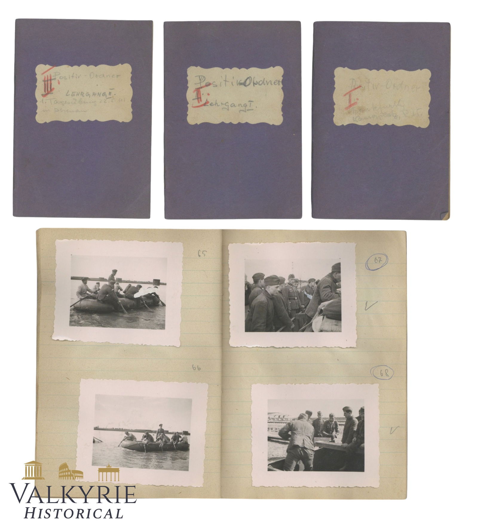 3 Notebooks Used by a German Wehrmacht Soldier as Diaries With Photos: 3 Notebooks Used by a German Wehrmacht Soldier as Diaries With Photos. 3 notebooks written with notes and with many photos taken during the WW2 in European campaign. Photo depict cities, monuments, co