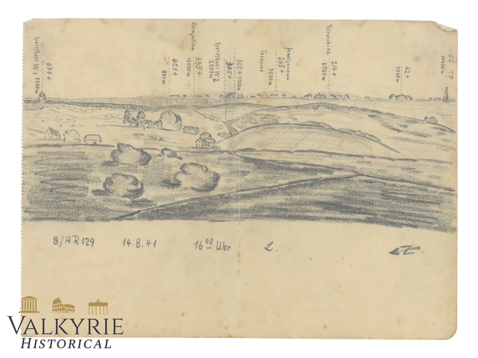 Hand Drawn Military Sketc of a Landscape With Different Heights of Mountains Dated in 1941 (1 of 2)