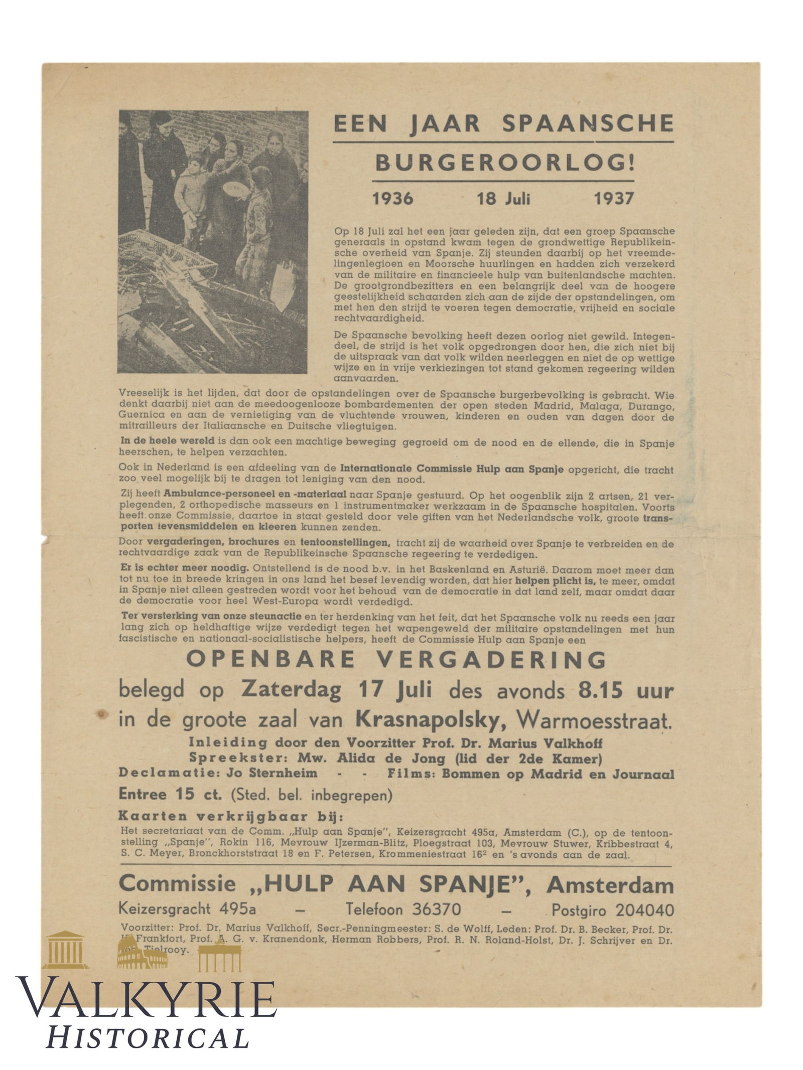 1st Anniversary of the Spanish Civil War Rememberance Leaflet Published in the Netherlands (1 of 2)