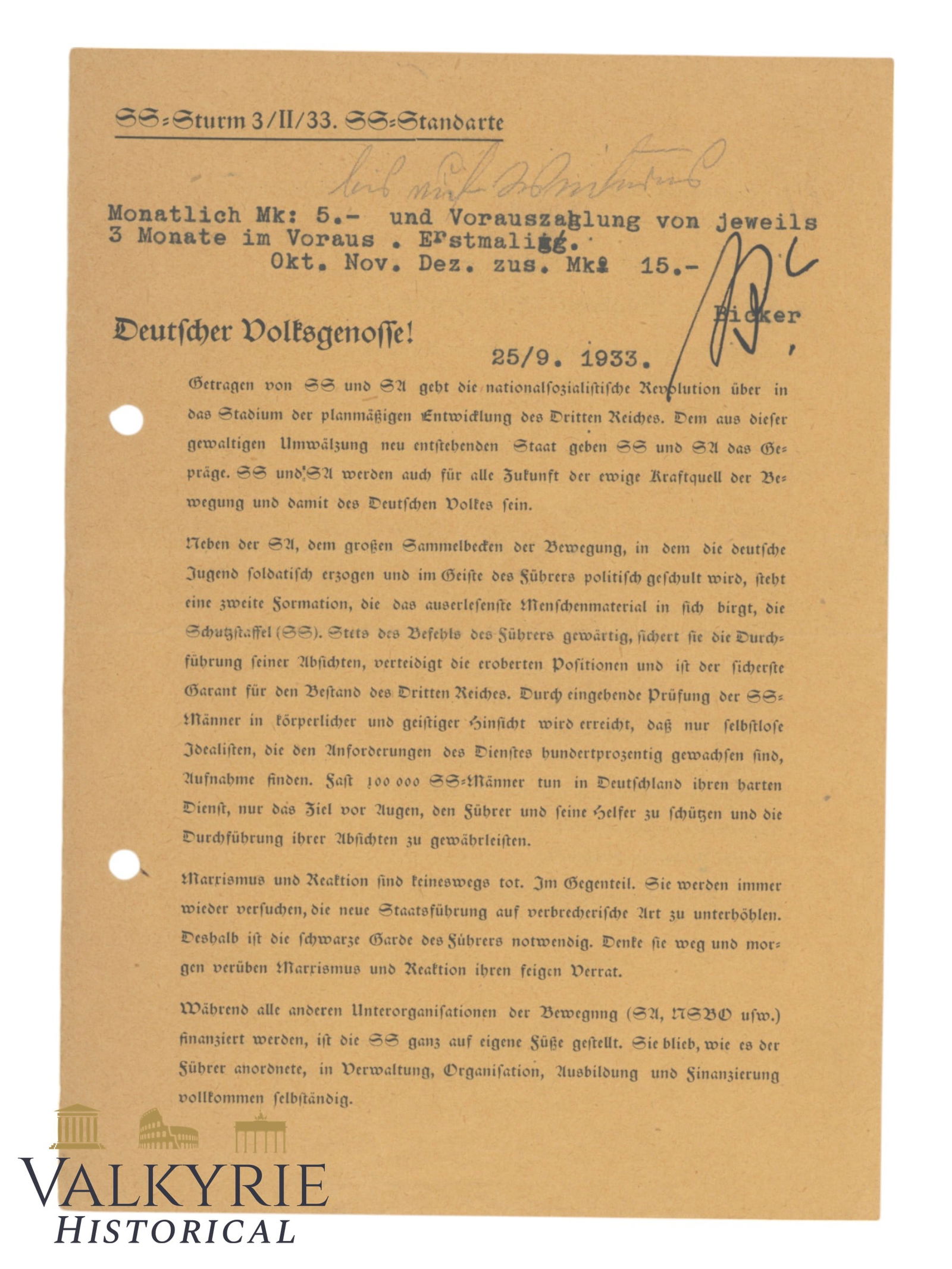 Letter Written by SS Sturm 3/ II / 33. SS Standorte Asking For the Payment of 3 Months in Advance (1 of 2)