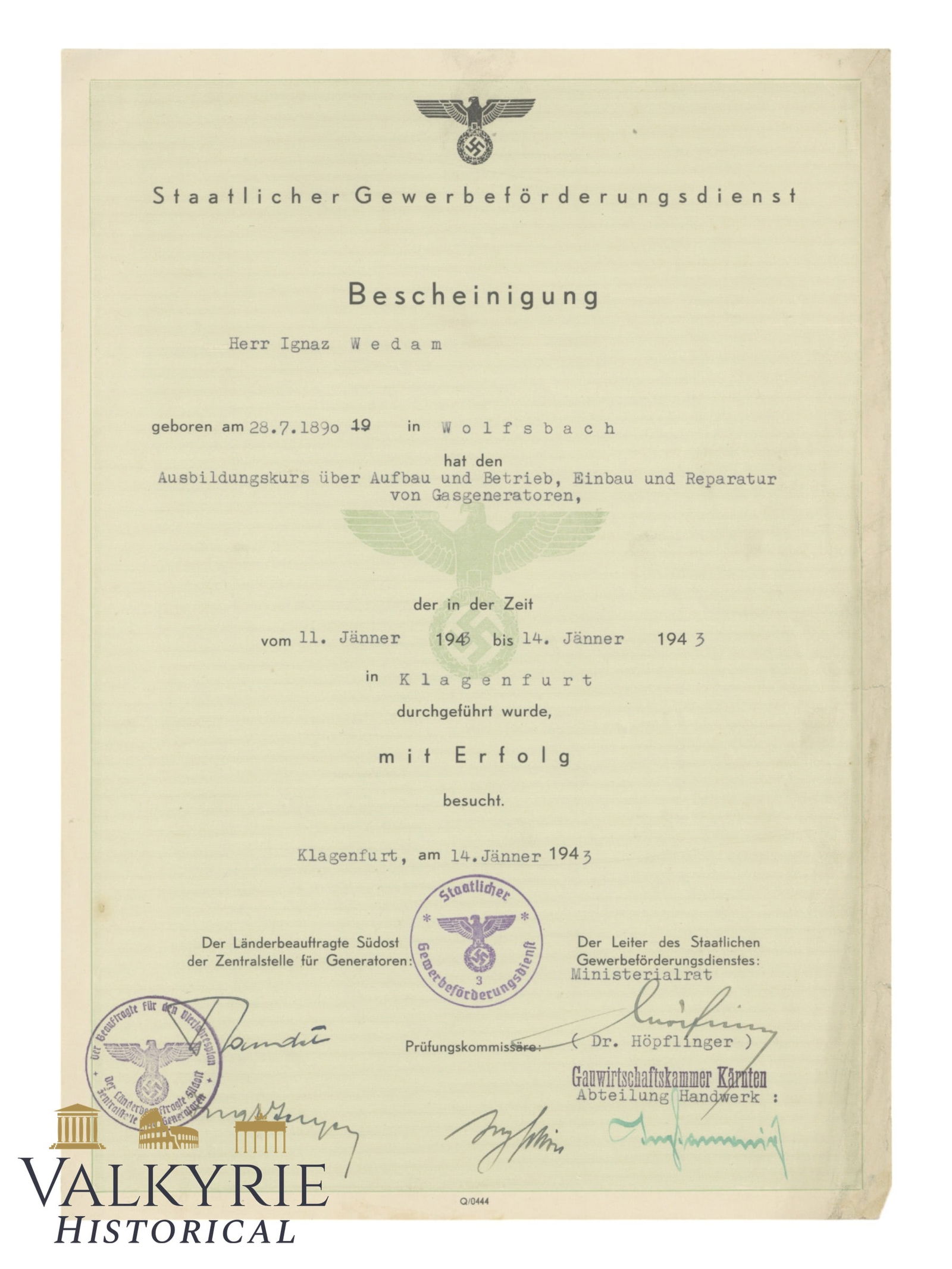 Certificate Issued in 1943 by German State Business Development Service to a Man (1 of 2)