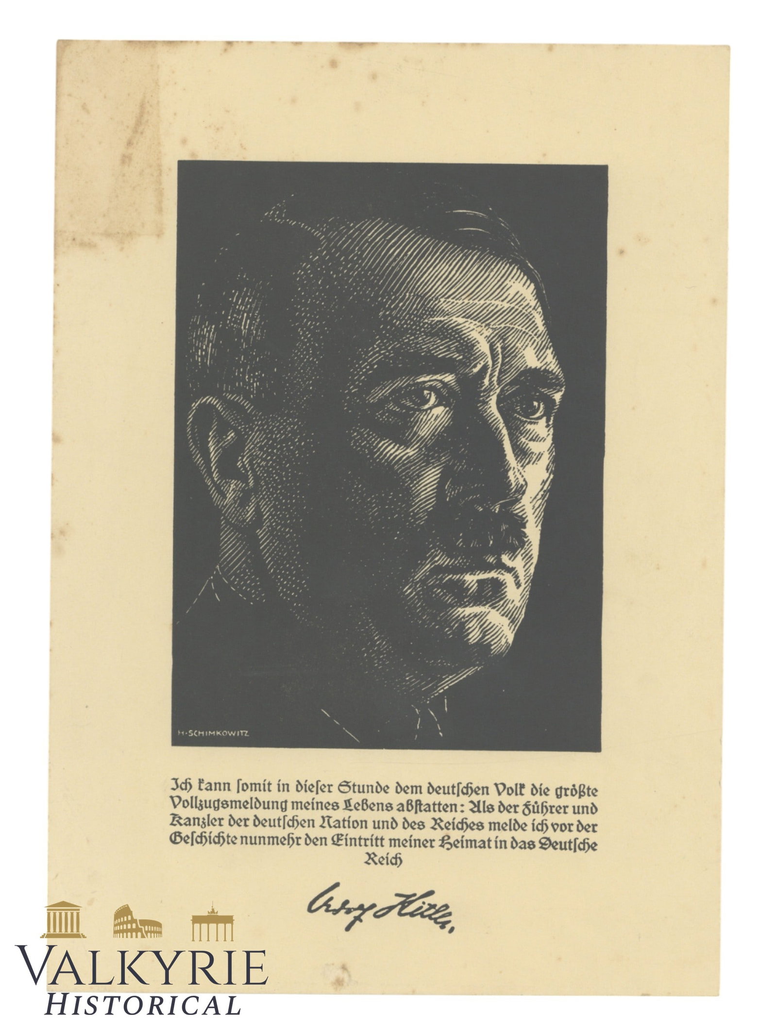 German Nazi Propaganda Sheet With Adolf Hitler's Portrait and a Quotation About the Anschluss: German Nazi Propaganda Sheet With Adolf Hitler's Portrait and a Quotation About the Anschluss, the Annexation of Austria to the Great German Reich. Size: 23x16,5cm All items for this auction will be s