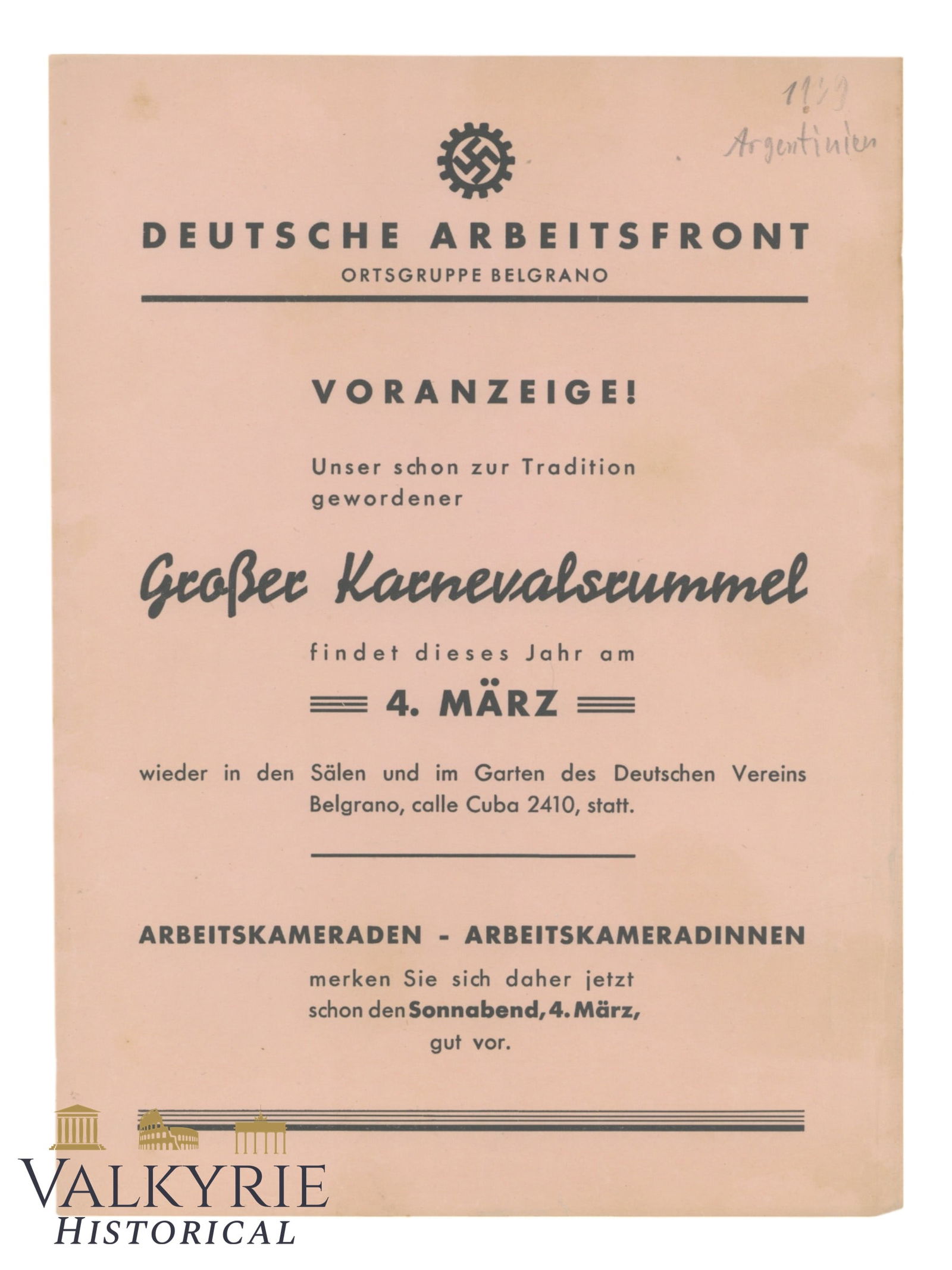 Rare Advertisement Leaflet of the DAF in the Argentinian City of Belgrano - German Carnival Party (1 of 2)