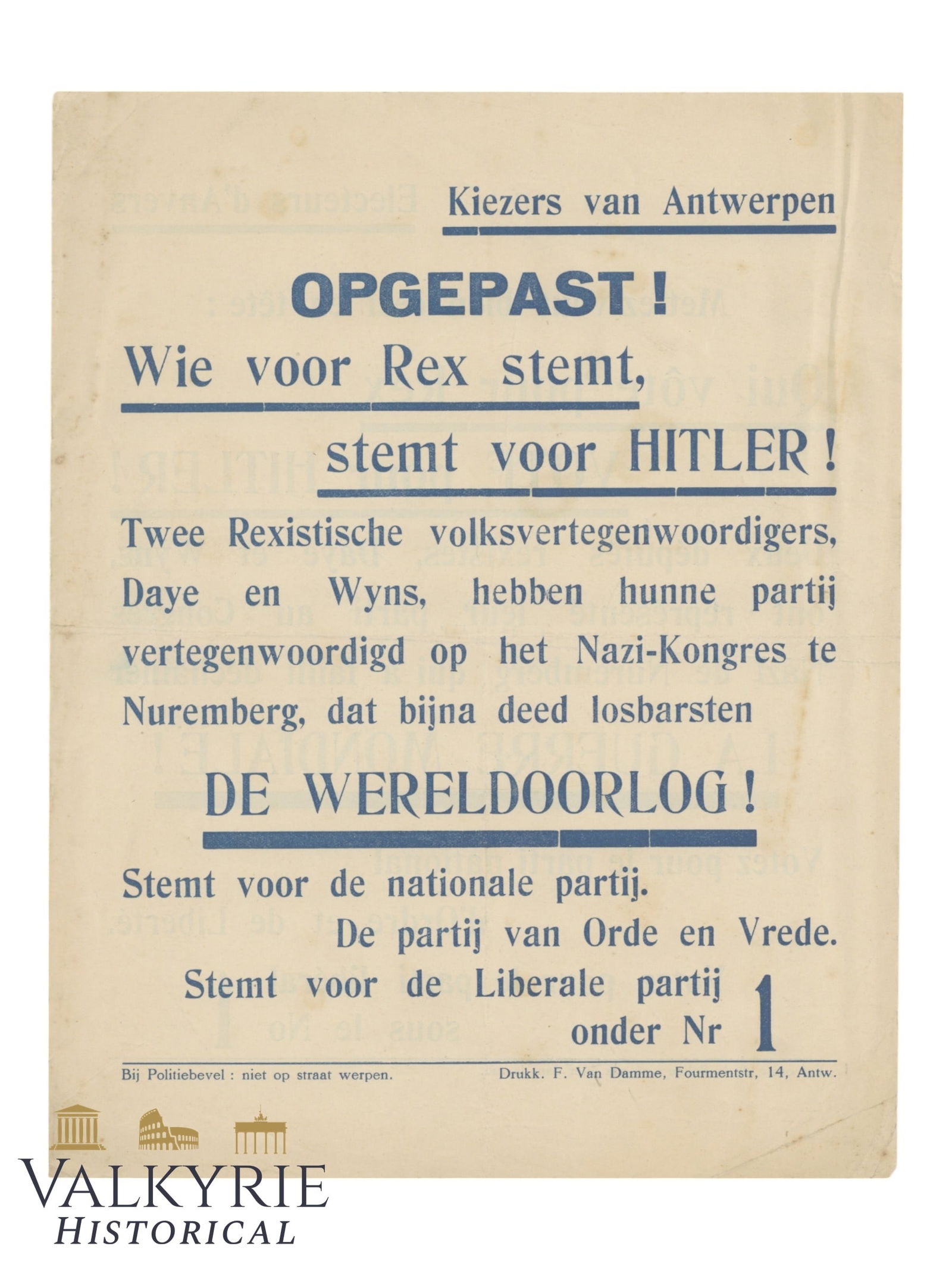 Belgian Anti-Nazi Electoral Propaganda Leaflet - Liberal Party "Who Votes For REX Votes For Hitler" (1 of 2)