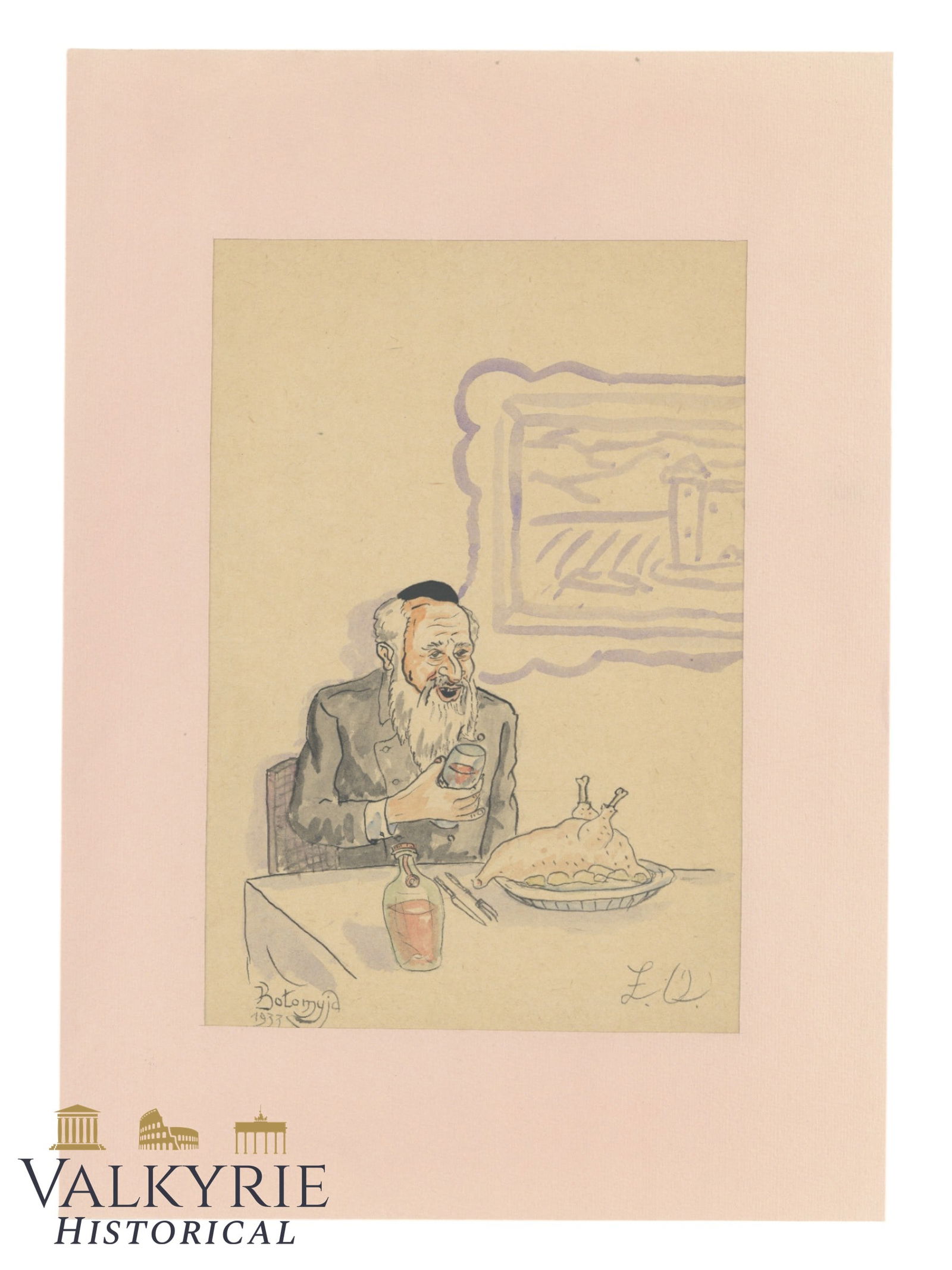 Watercolor Depicting an Elderly Jew During a Lunch - Year 1933 Kolomyja (1 of 2)