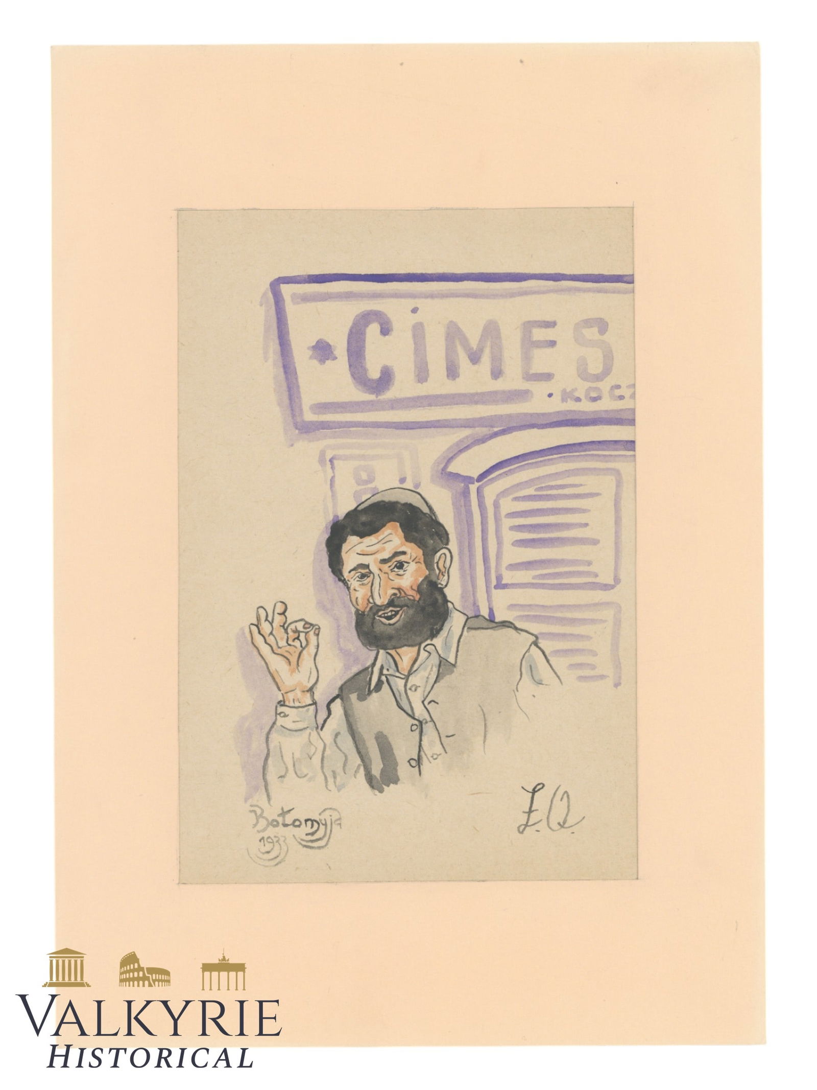 Watercolor Depicting an Jew Wearing the Kippah - Year 1933 Kolomyja: Watercolor Depicting an Jew Wearing the Kippah - Year 1933 Kolomyja . Size: 30x21cm All items for this auction will be shipping from Europe. Shipping cost $25 it doesn't matter how many items you win.