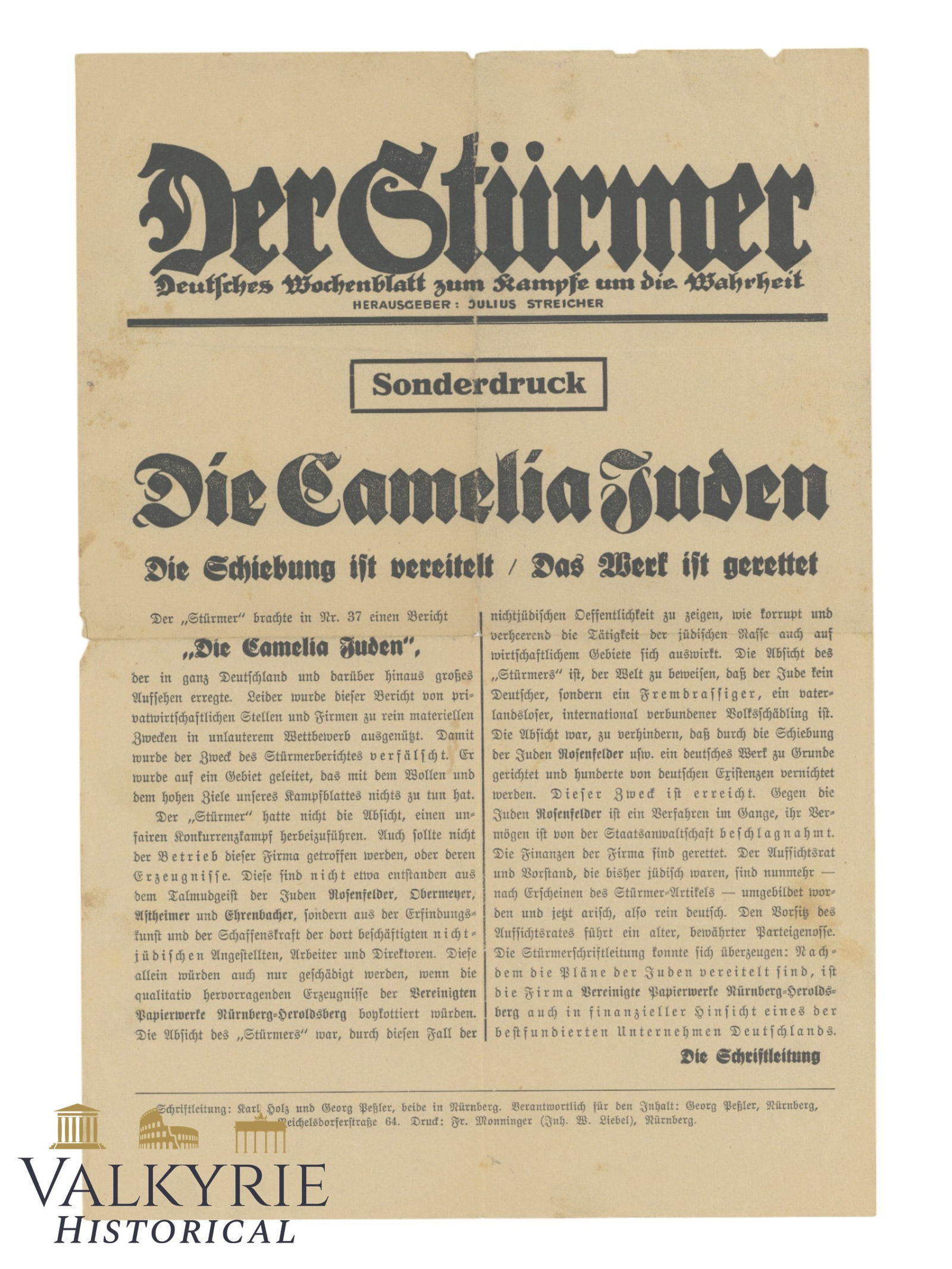Advetisement Leaflet of the Anti-Semitic Tabloid "Der Sturmer" "The Camelia Jews" - Special Number: Advertisement Leaflet of the Anti-Semitic Tabloid "Der Sturmer" "The Camelia Jews" - Special Number probably from 20s! . Size: 30x21cm All items for this auction will be shipping from Europe. Shipping