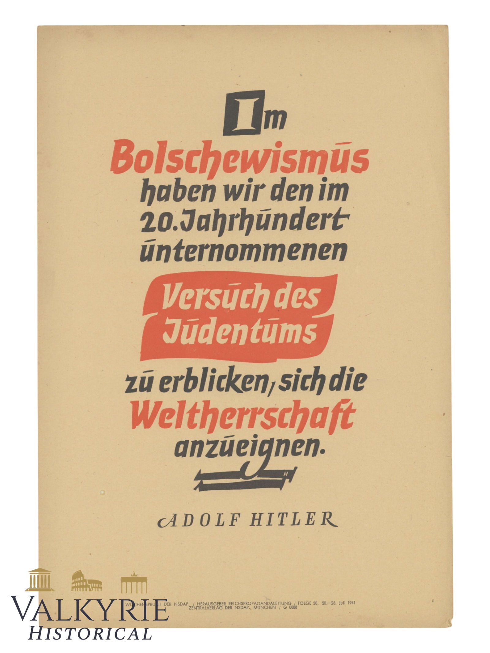German Anti-Semitic Poster With Quotation by Adolf Hitler About the Jewish World Domination (1 of 2)