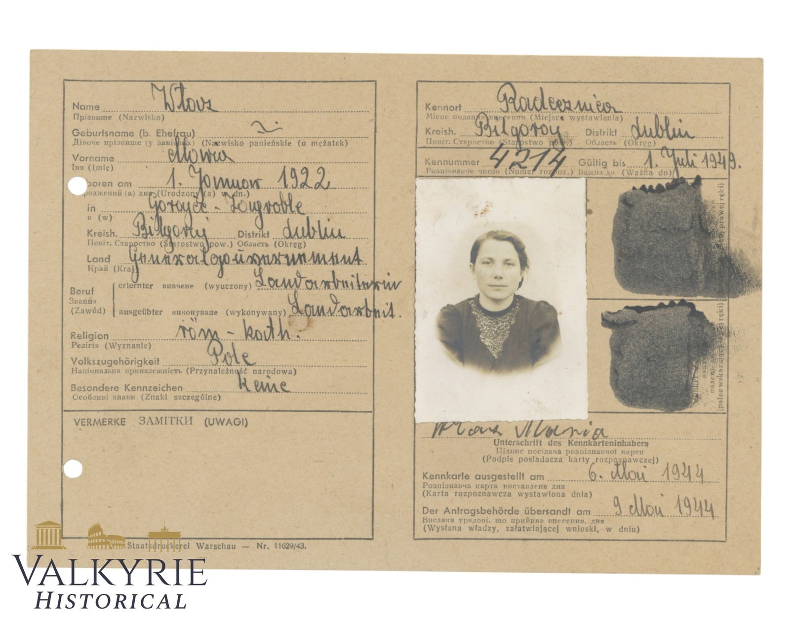 ID Card Issued in 1944 to a Polish Woman From Lublin (1 of 2)