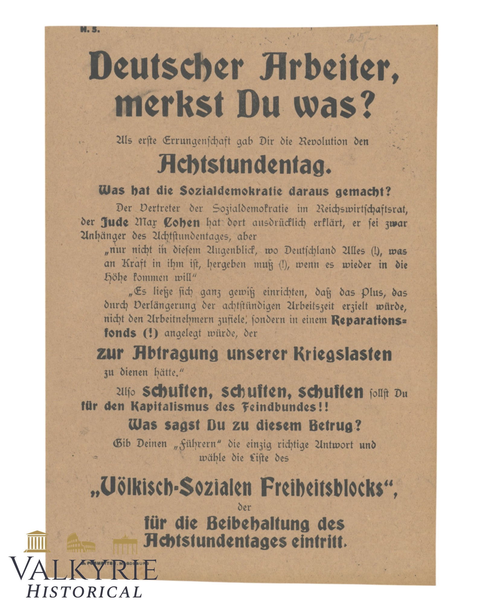 Elections Leaflet of the Voelkisch Sozial Freiheitsblock - "German Worker, Do You Notice Something?" (1 of 2)