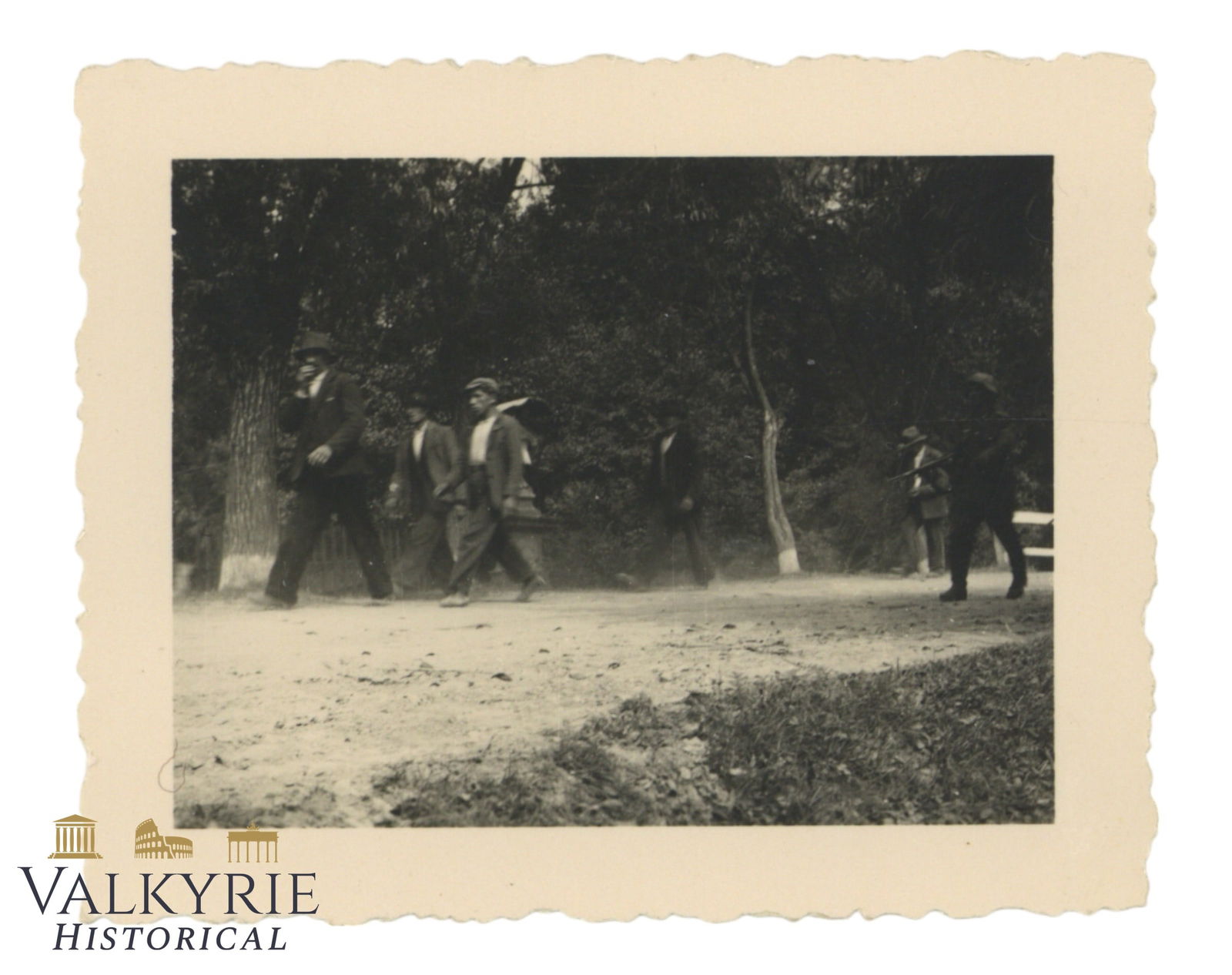 III Reich Period Photo Showing Some Polish Civilians Taken by Germans Maybe to Execution Pit: III Reich Period Photo Showing Some Polish Civilians Taken by Germans Maybe to Execution Pit. We don't know if they are Jews. On the reverse it says "Civilians being taken prisoners". Size: 7x5,5cm Al