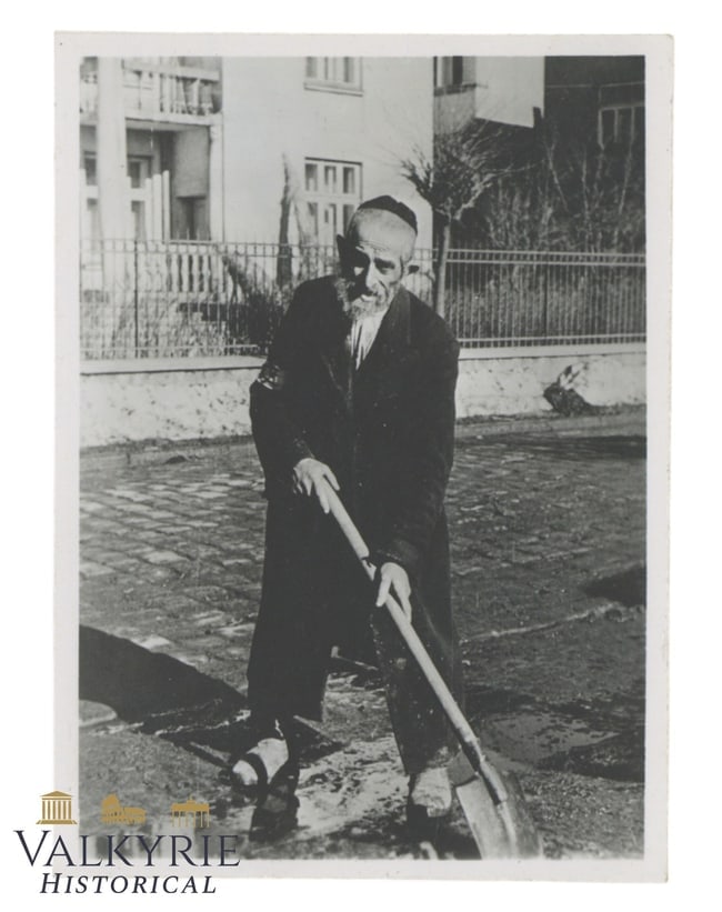 III Reich Period Photo Showing an Elderly Jew Forced by Germans to Clean the Dirt in the Street (1 of 3)