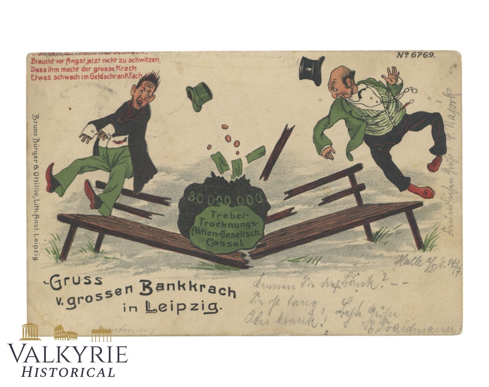 German Anti-Semitic Propaganda Postcard Showing Jews as Guilty of Bank Crack in Leipzig (1 of 2)
