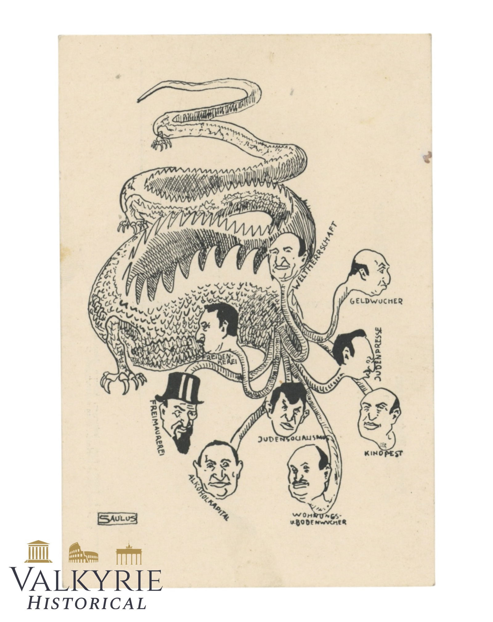 German Anti-Semitic Propaganda Postcard Showing the Jews as an Hydra With Many Heads (1 of 2)