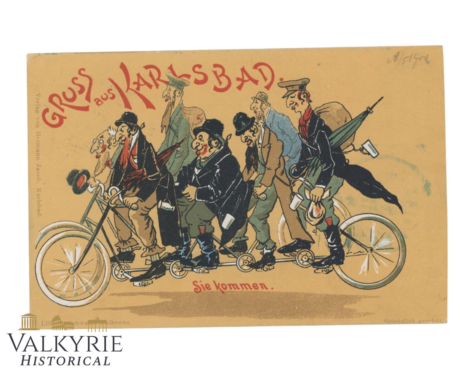 German Anti-Semitic Propaganda Postcard "Salutes From Karlsbad. They Are Coming" - Circulated: German Anti-Semitic Propaganda Postcard "Salutes From Karlsbad. They Are Coming" - Circulated. The stereotyped Jews coming riding a bicycle. All items for this auction will be shipping from Europe. Sh