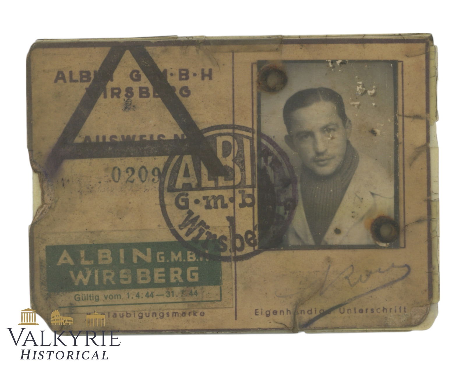 Factory Ausweiss Issued to a German Worker of the German Company Albin GmbH Wirsberg: Factory Ausweis Issued to a German Worker of the German Company Albin GmbH Wirsberg. Issued in 1944. With photo of the owner and it shows a lot of use. All items for this auction will be shipping from