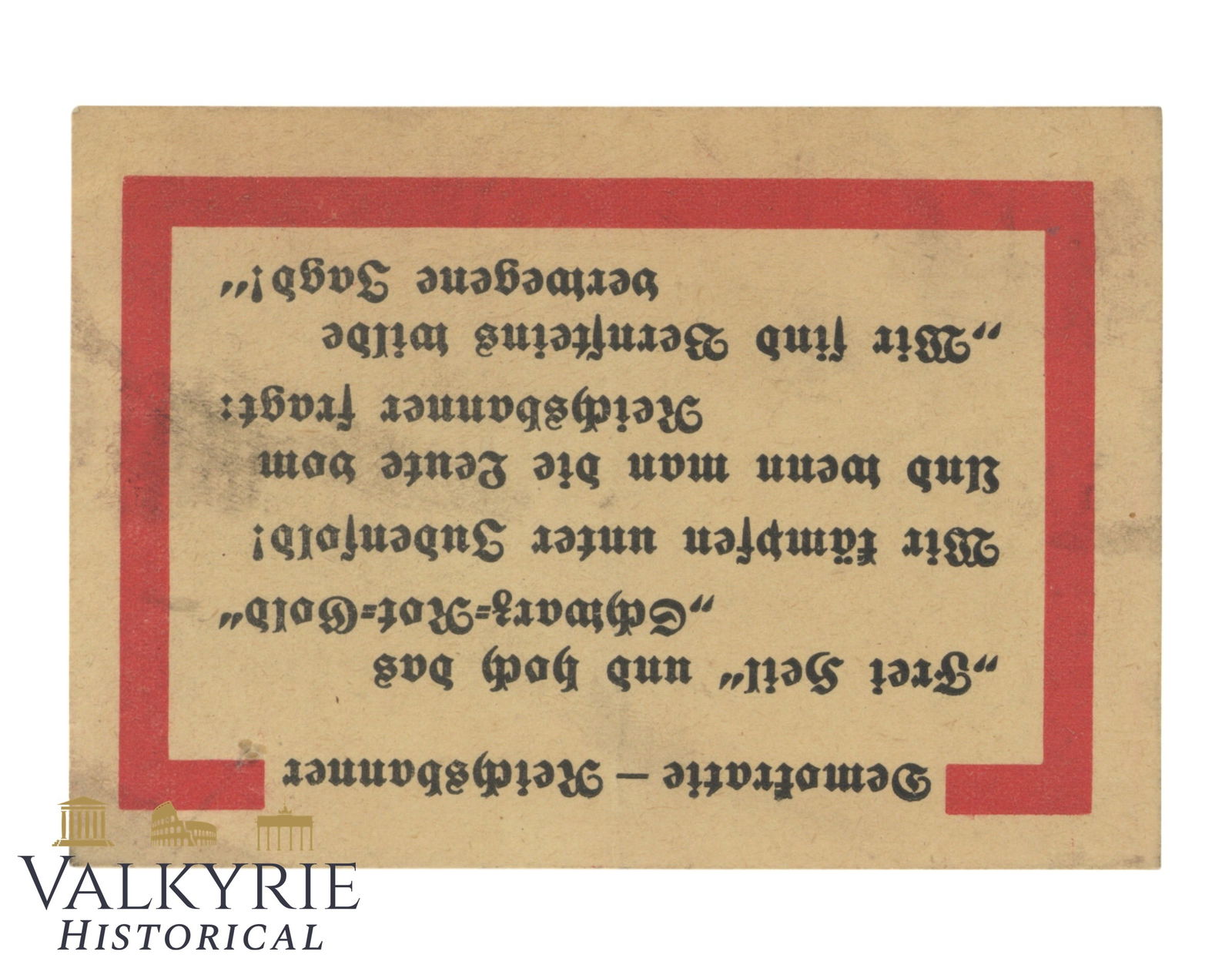 German Anti-Semitic Propaganda Leaflet by Nazi Party "Democracy - Reichsbanner": German Anti-Semitic Propaganda Leaflet by Nazi Party "Democracy - Reichsbanner. Free Hail and long live the Black-Red-Gold. We fight under Jewish Pay!". Leaflet against the Weimar Republic supposedly