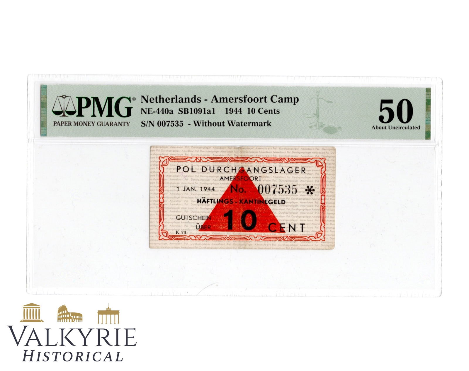 Canteen Money For Prisoners in Dutch Nazi Transit Camp For Political Prisoners in Amersfoort 1944: Canteen Money For Prisoners in Dutch Nazi Transit Camp For Political Prisoners in Amersfoort 1944. Value of 10 cents. Used condition.Graded by PMG Paper Money Guaranty. All items for this auction will