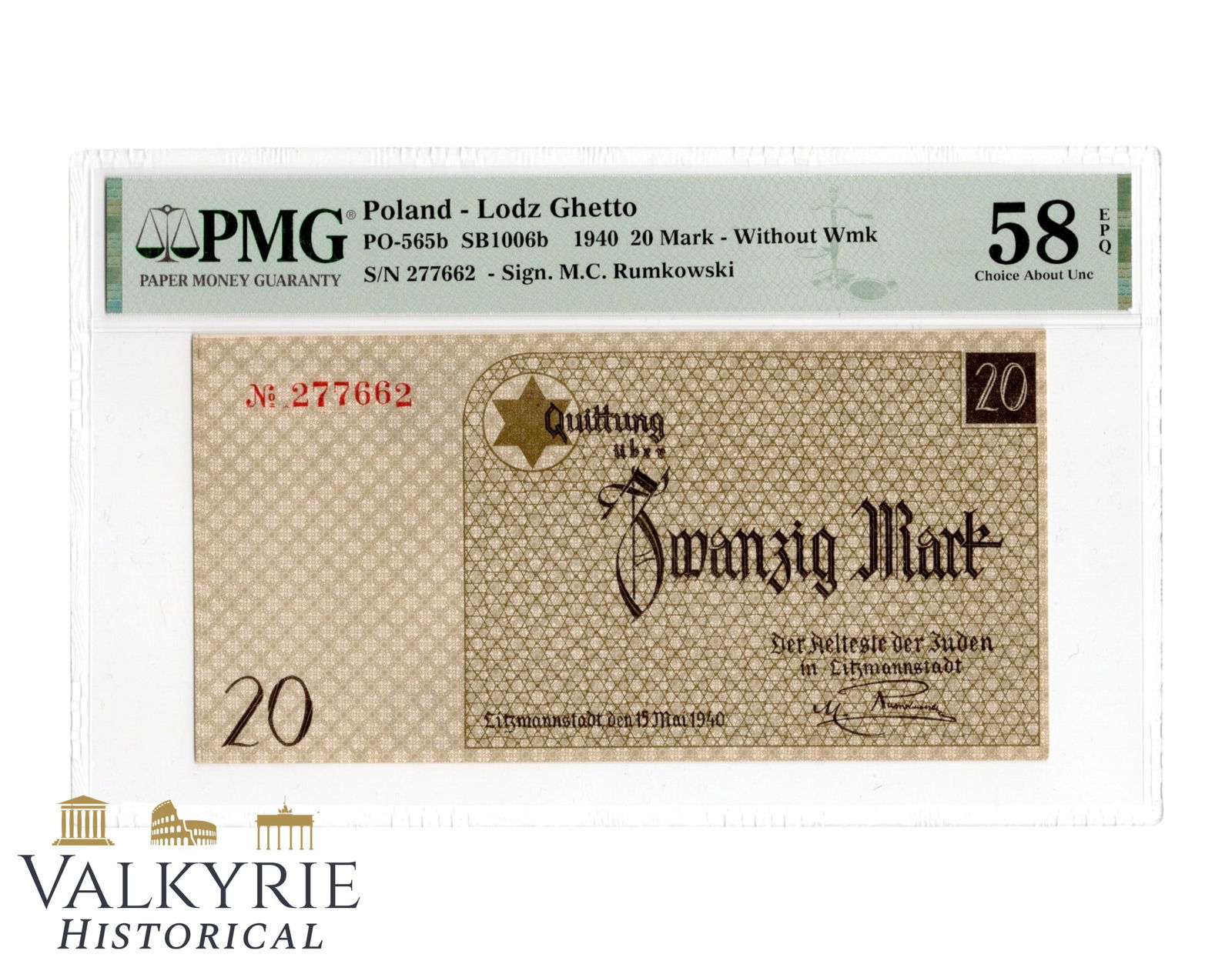 Litzmannstadt Jewish Ghetto Currency Banknote of 20 Marks - Year 1940 - Non-circulated: Litzmannstadt Jewish Ghetto Currency Banknote of 20 Marks - Year 1940 - Non-circulated. Very good condition.Graded by PMG Paper Money Guaranty. All items for this auction will be shipping from Europe.