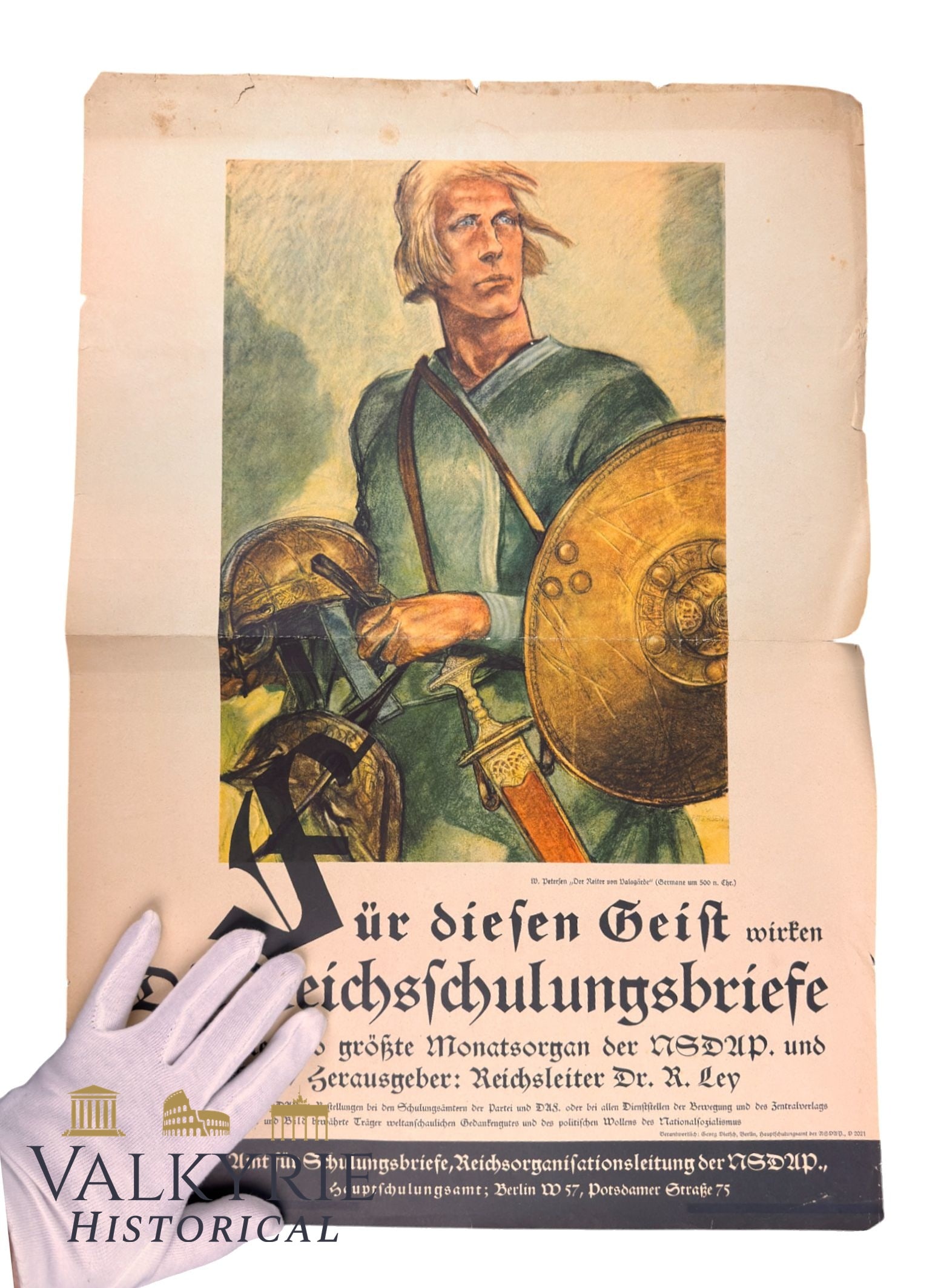 Advertising Poster of the Nazi "Die Schulungsbrief" Monthly Magazine - "Die Sch. Works Toward This": Advertising Poster of the Nazi "Die Schulungsbrief" Monthly Magazine - "Die Schulungsbrief Works Towards This Spirit". Foldable poster with medieval Germanic artwork. Size 60 cm x 42cm .All items for