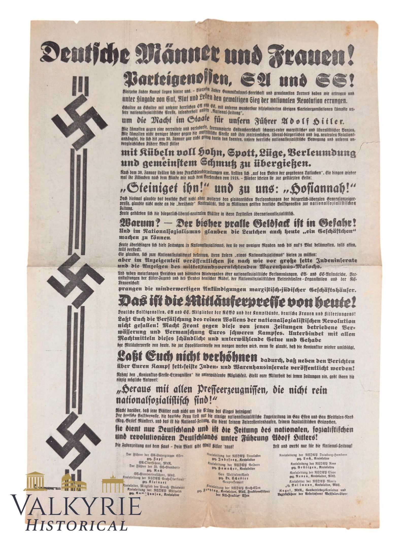 Nazi Propaganda Poster About German Press That a Good German Should Read Party Comrades, SA and SS!: Nazi Propaganda Poster About German Press That a Good German Should Read. "German Men and Women! Party Comrades, SA and SS!". Foldable poster , size 53cm x 37 cm.. All items for this auction will be s
